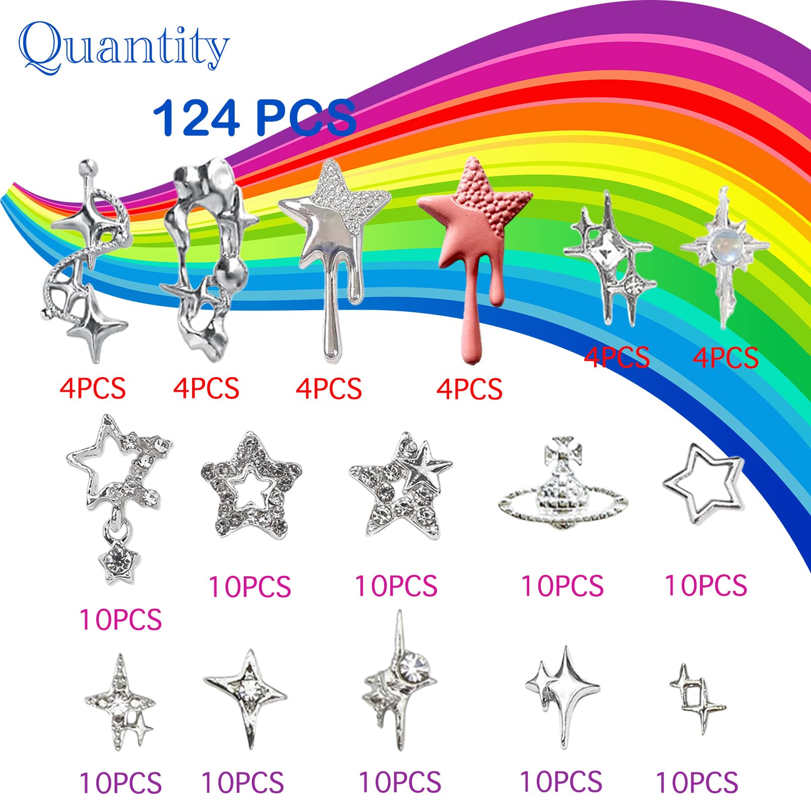 Xiyonali 124Pcs Star 3D Nail Charms For Acrylic Nails, Silver Nail Gems Alloy Starburst Nail Accessories, Nail Rhinestones For N