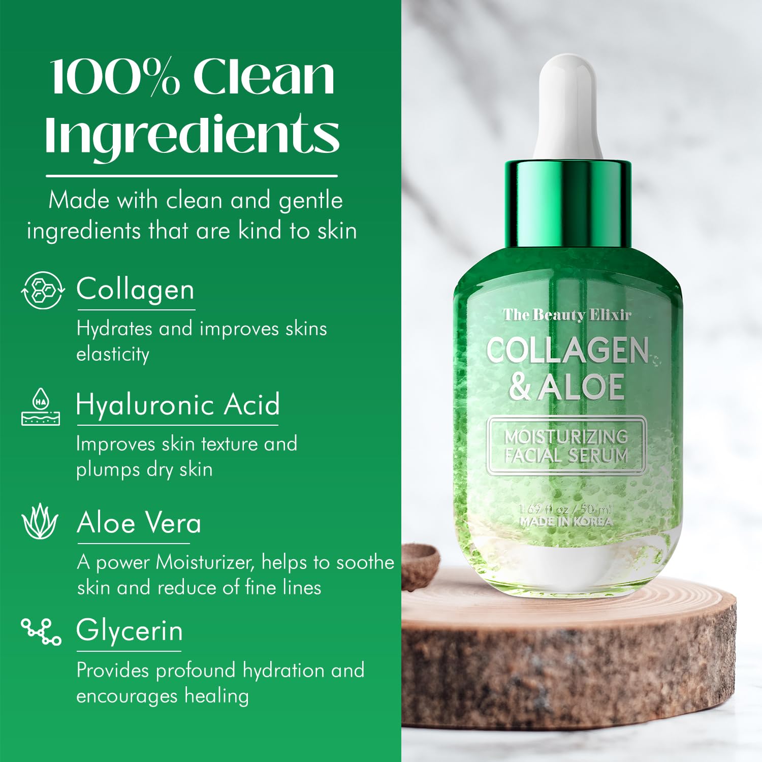 Aloe & Collagen Serum For Face - Anti Aging, Skin Tightening & Hydrating - Infused With Hyaluronic, Glycerin, And Turmeric - Kor