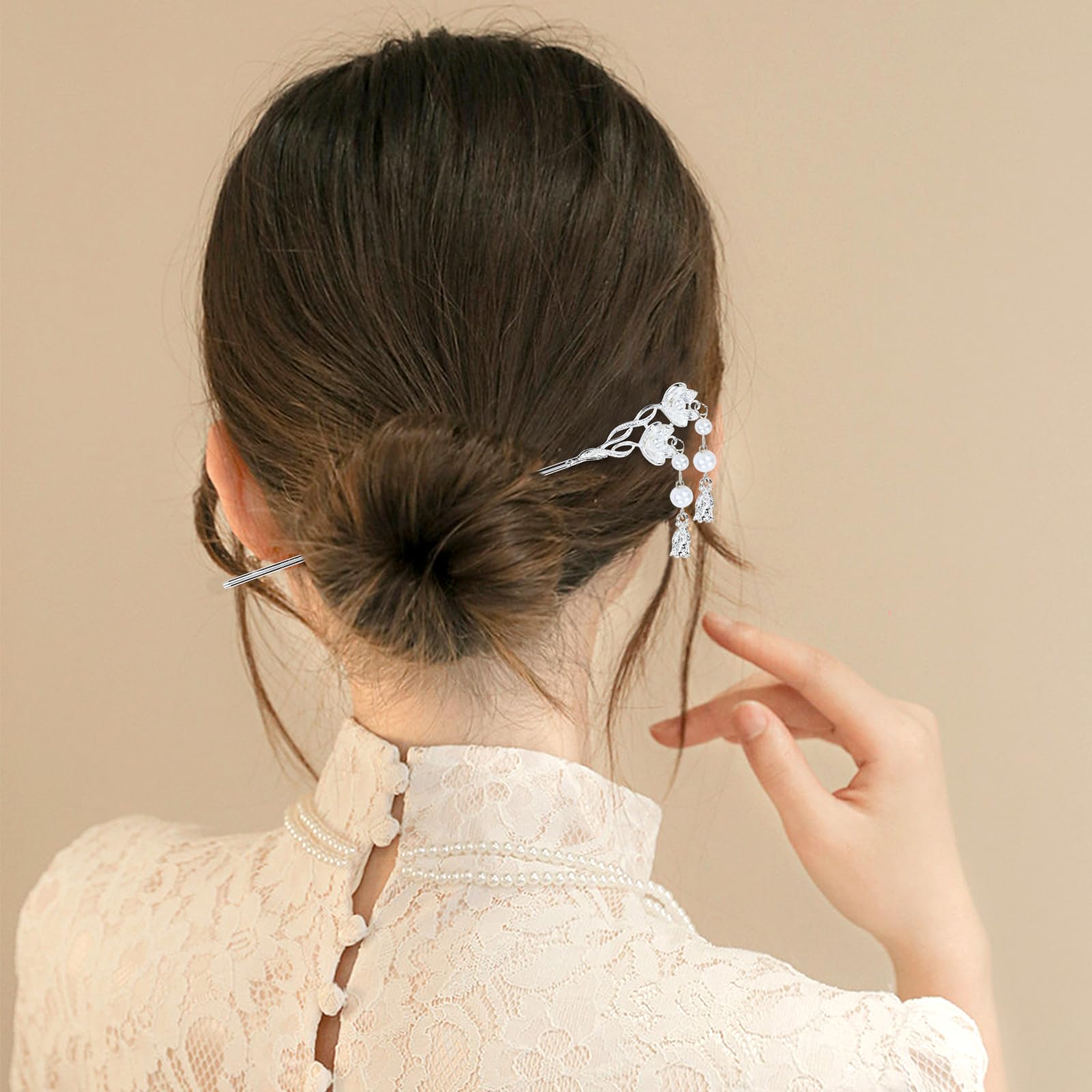 Insowni 8 Pieces Decorative Retro Crystal Pearl Silver Hair Sticks Pins With Pendants Asian Chinese Hanfu Cloud Star Lotus Flowe