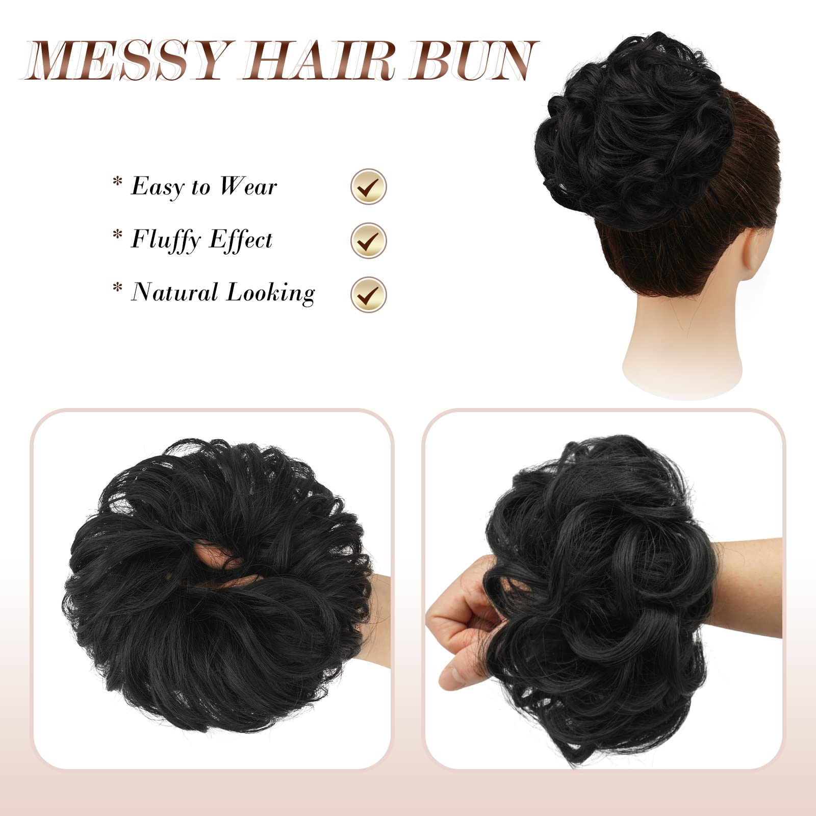 Feshfen Messy Bun Hair Piece Hair Bun Scrunchies Natural Black Synthetic Wavy Chignon Ponytail Hair Extensions Thick Updo Hairpi