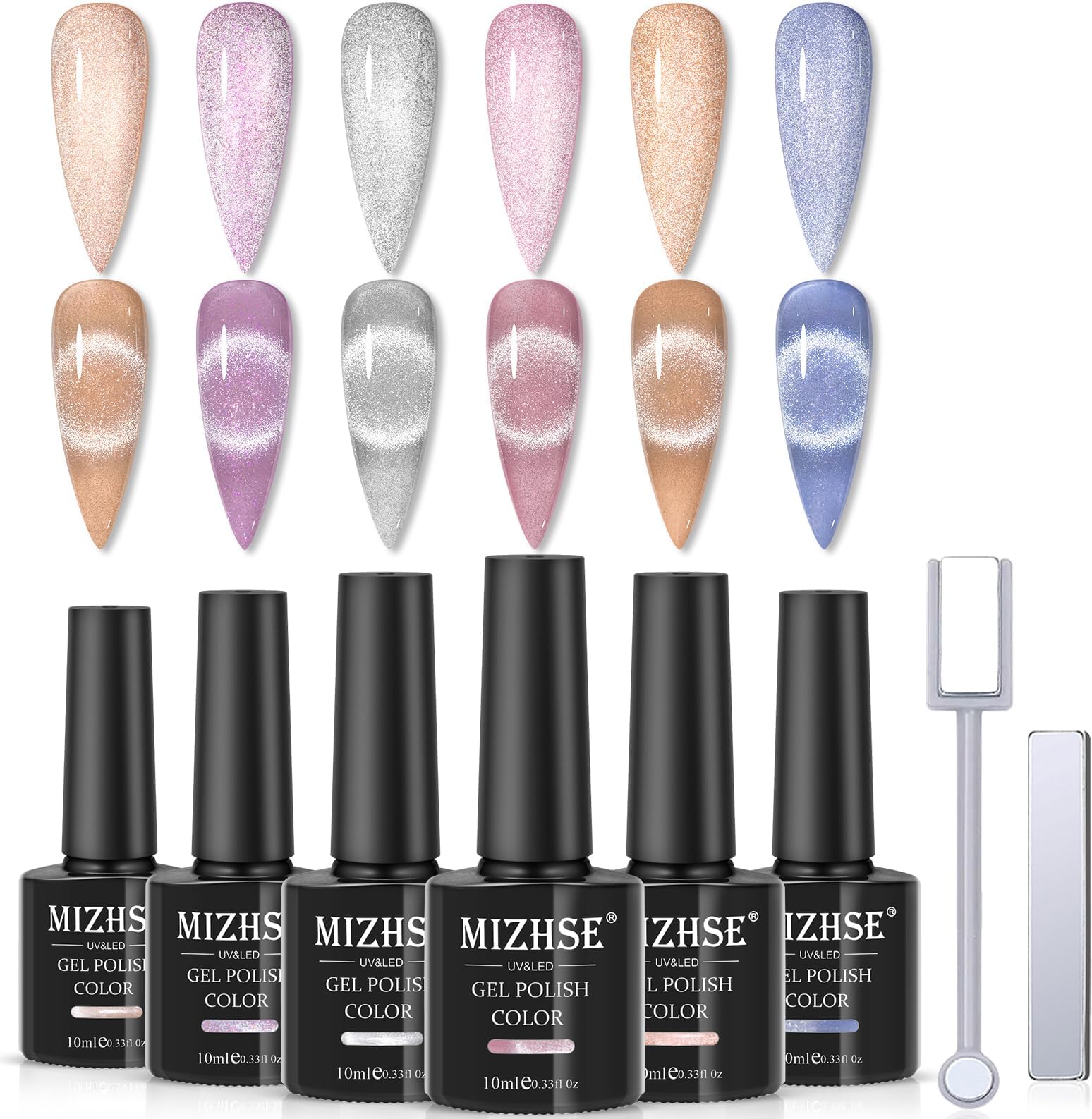 Mizhse 10Ml*6 Colors Cat Eye Gel Nail Polish, Crystal Magnetic Gel Polish Glitter Pink Gold Sparkle Gel Polish Set With Universa