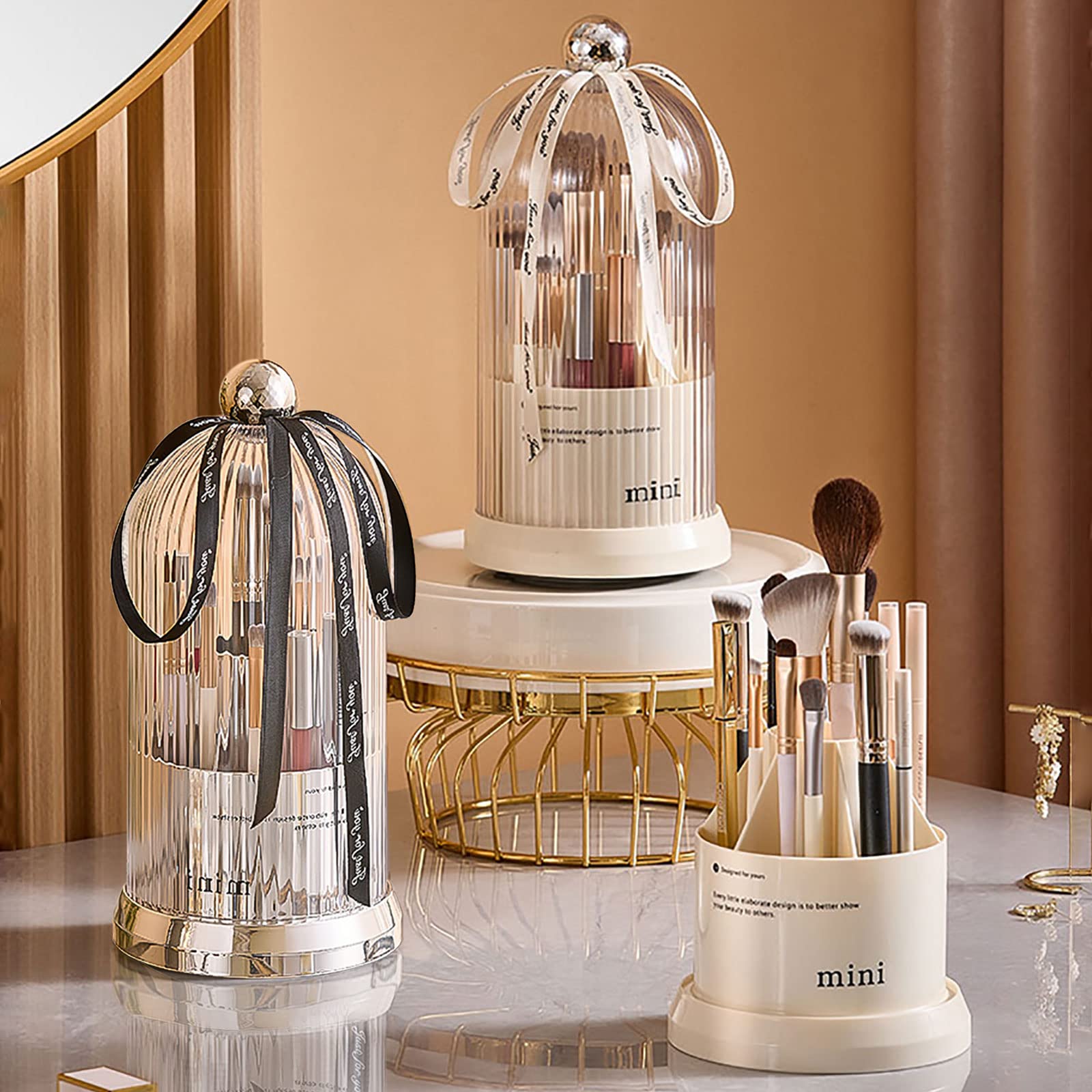 DASITON 360 Rotating Makeup Brush Holder,Covered Dustproof Makeup Brushes Organizer,7 Slot Makeup Brushes Cup,for Vanity Decor,B