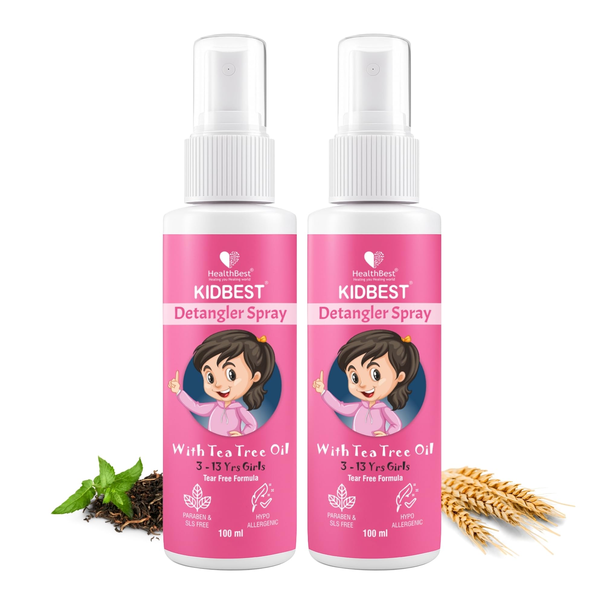 Healthbest Detangler Spray For Kids Hair | Soft & Shiny Hair |Tea Tree Oil | Tear-Free | Tangle-Free Hair | 100Ml (Pack Of 2)