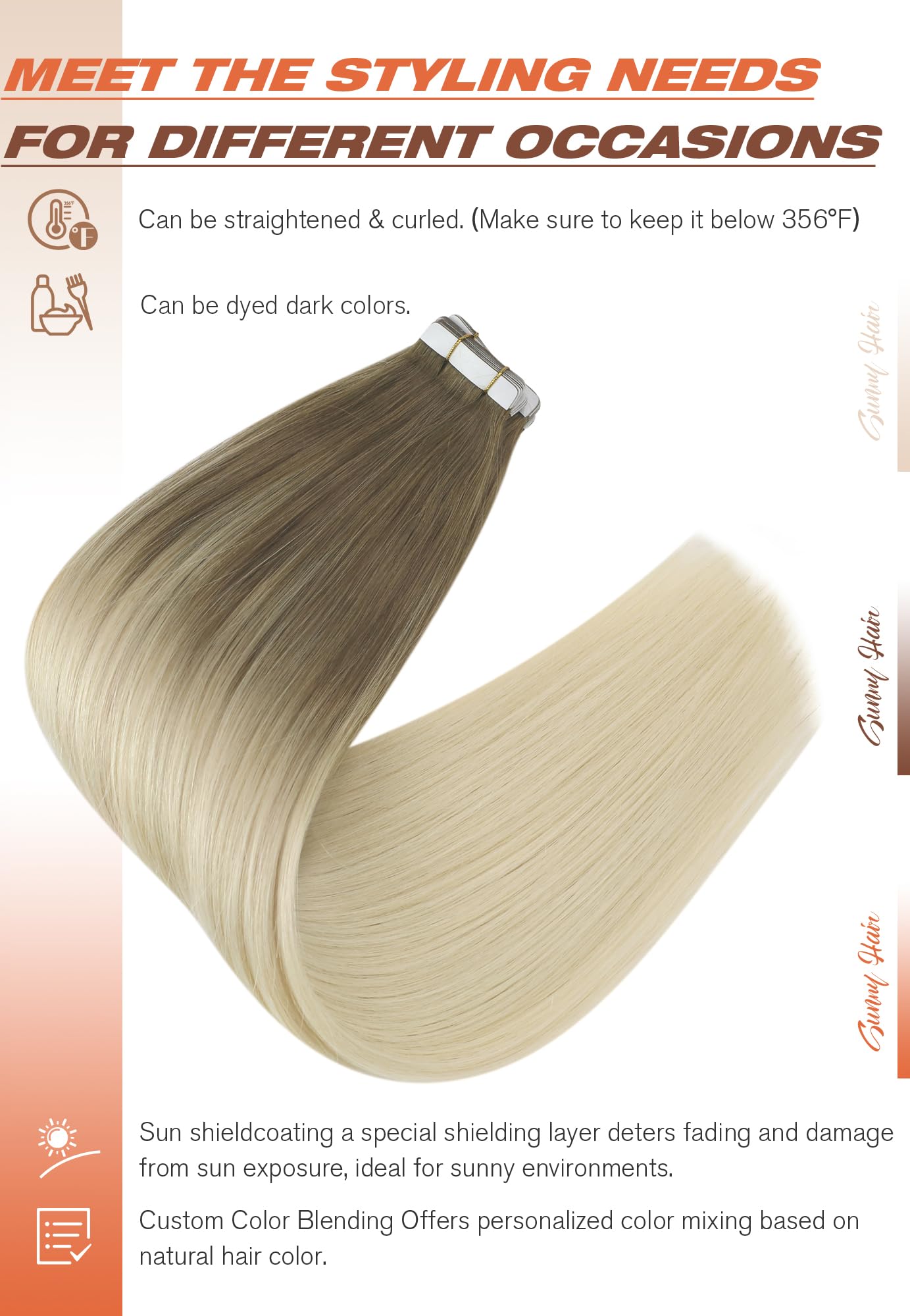 Sunny Hair Tape in Hair Extensions Real Human Hair Invisible Remy Hair Extensions Tape ins for Women Light Brown Root to Platinu