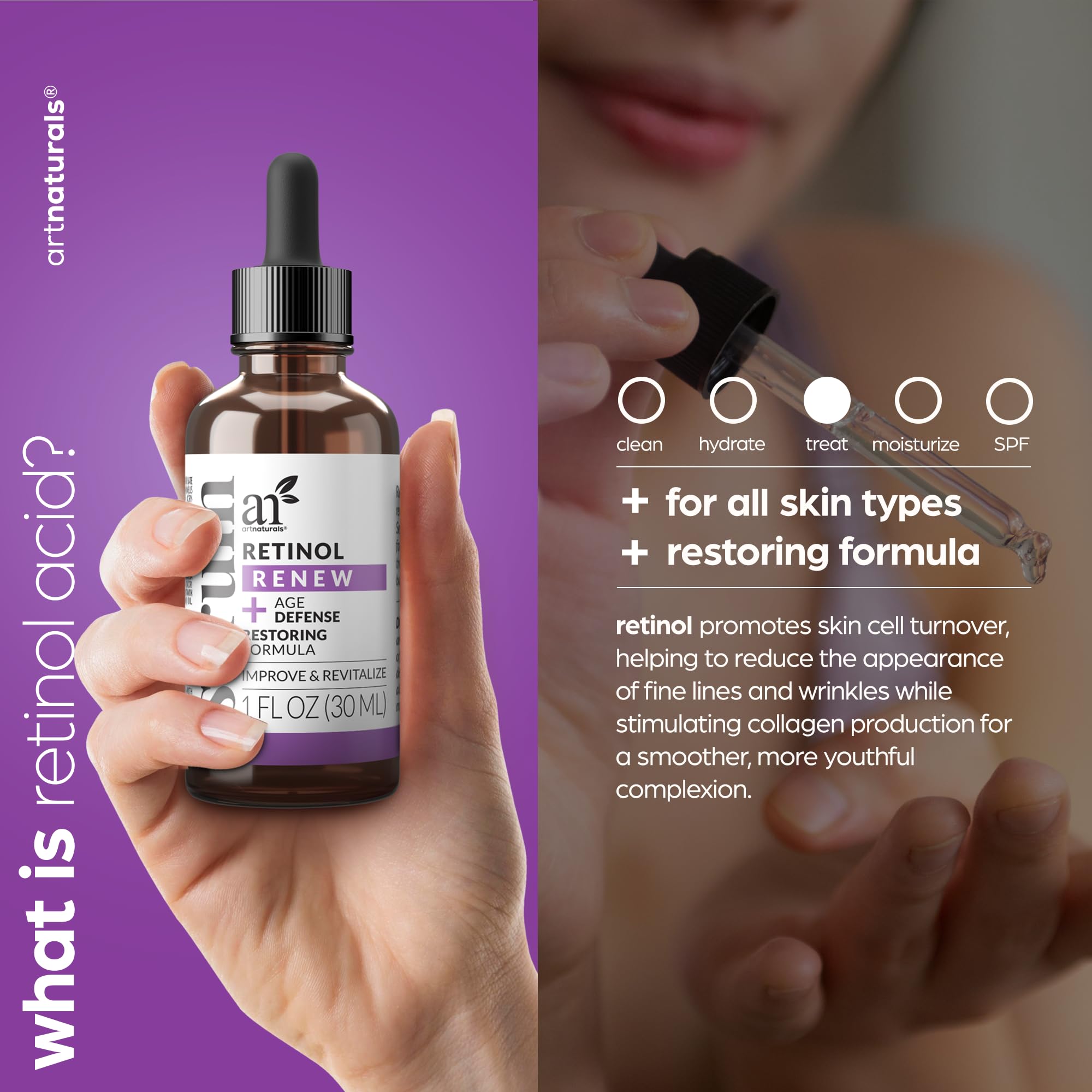 Artnaturals Retinol Serum For Face - With Vitamin C, 2.5% Retinol Oil & Hyaluronic-Acid - Skin Clearing - Anti-Aging, Anti-Wrink