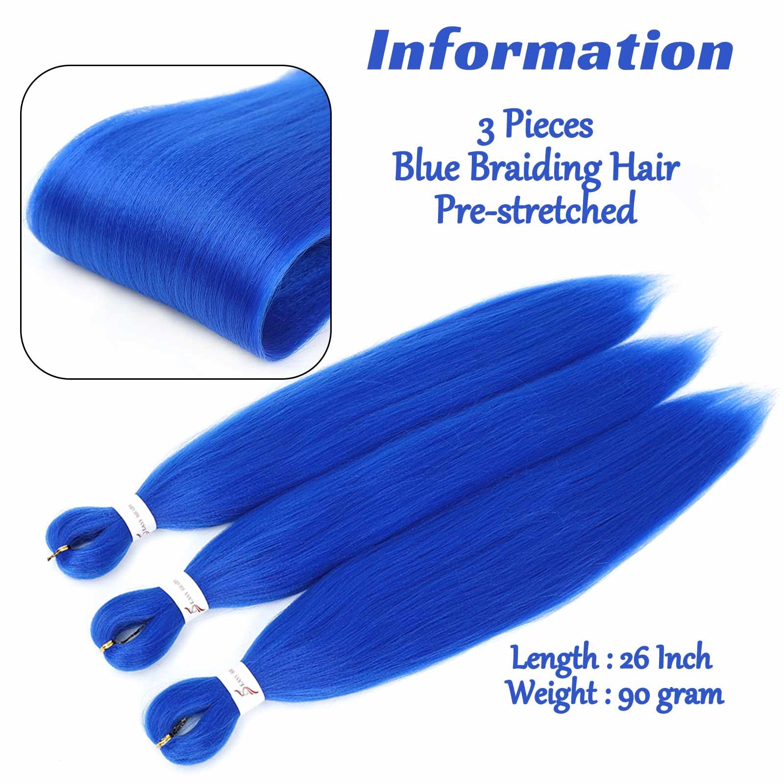 Royota Blue Braiding Hair Pre Stretched 26 Inch 3 Pieces Ez Braid Colored Hair Extensions For Women Synthetic Soft Yaki Knotless
