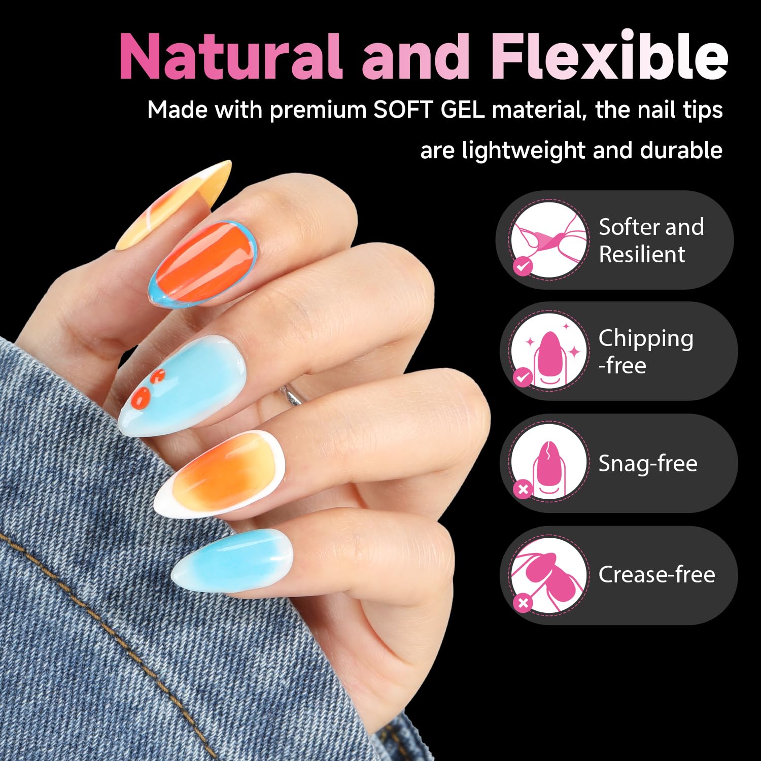 Una Gella 504Pcs Pointed Almond Nail Tips, Pre-Shape Almond Nail Tips Gel X Half Matte Full Cover Acrylic Almond Nails Clear Sof