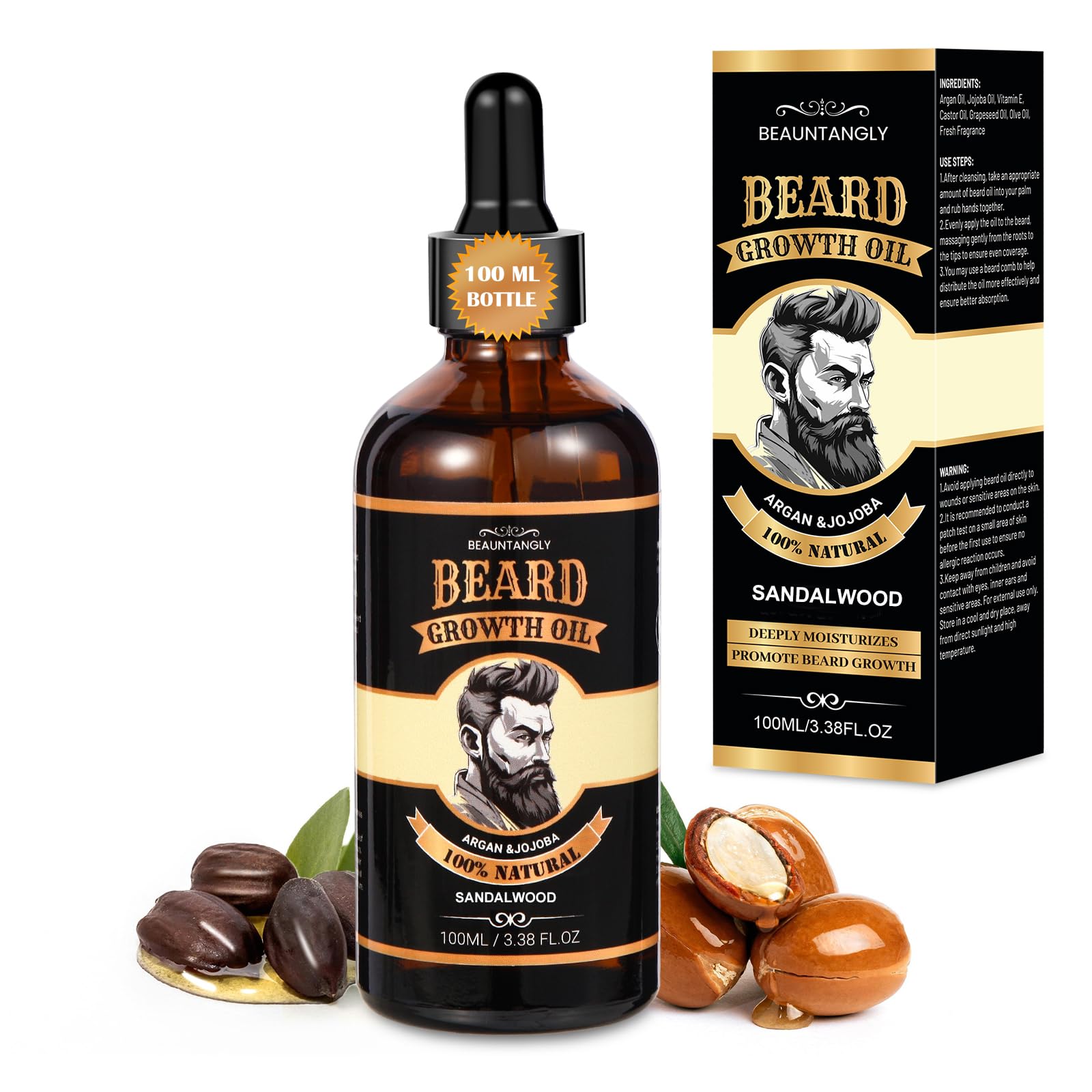 Beauntangly Beard Growth Oil for Men, 100% Natural Beard Oil with Argan Oil, Jojoba Oil, Castor Oil  3.38 FL/100ML Sandalwood B
