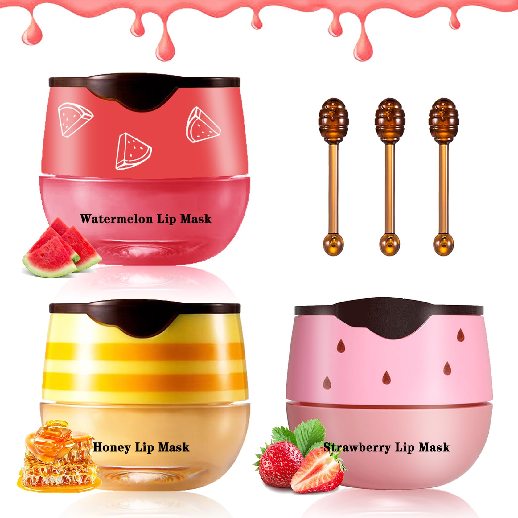 Xingxyuel 3Pcs Bee Lip Balm Honey Pot Honey Strawberry Watermelon Lip Balm Sleeping Lip Mask Silky Hydrating Bee Lip Balm Honey