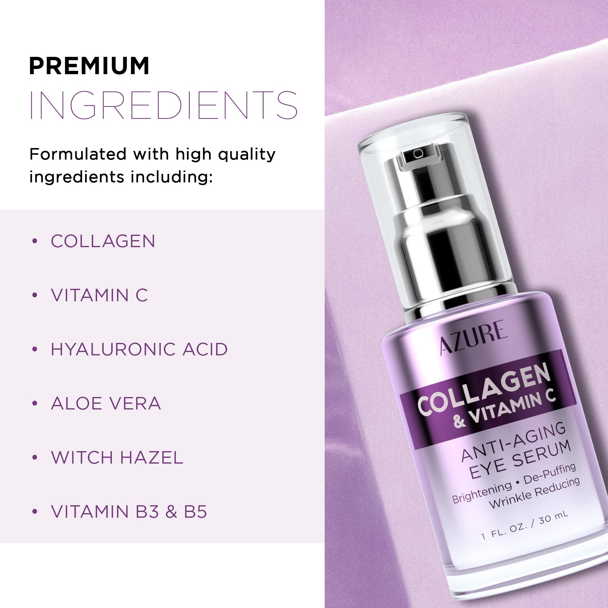 Azure Collagen & Vitamin C Anti Aging Eye Serum - Toning, De-Puffing & Brightening Serum - Reduces Wrinkles, Fine Lines & Dark C
