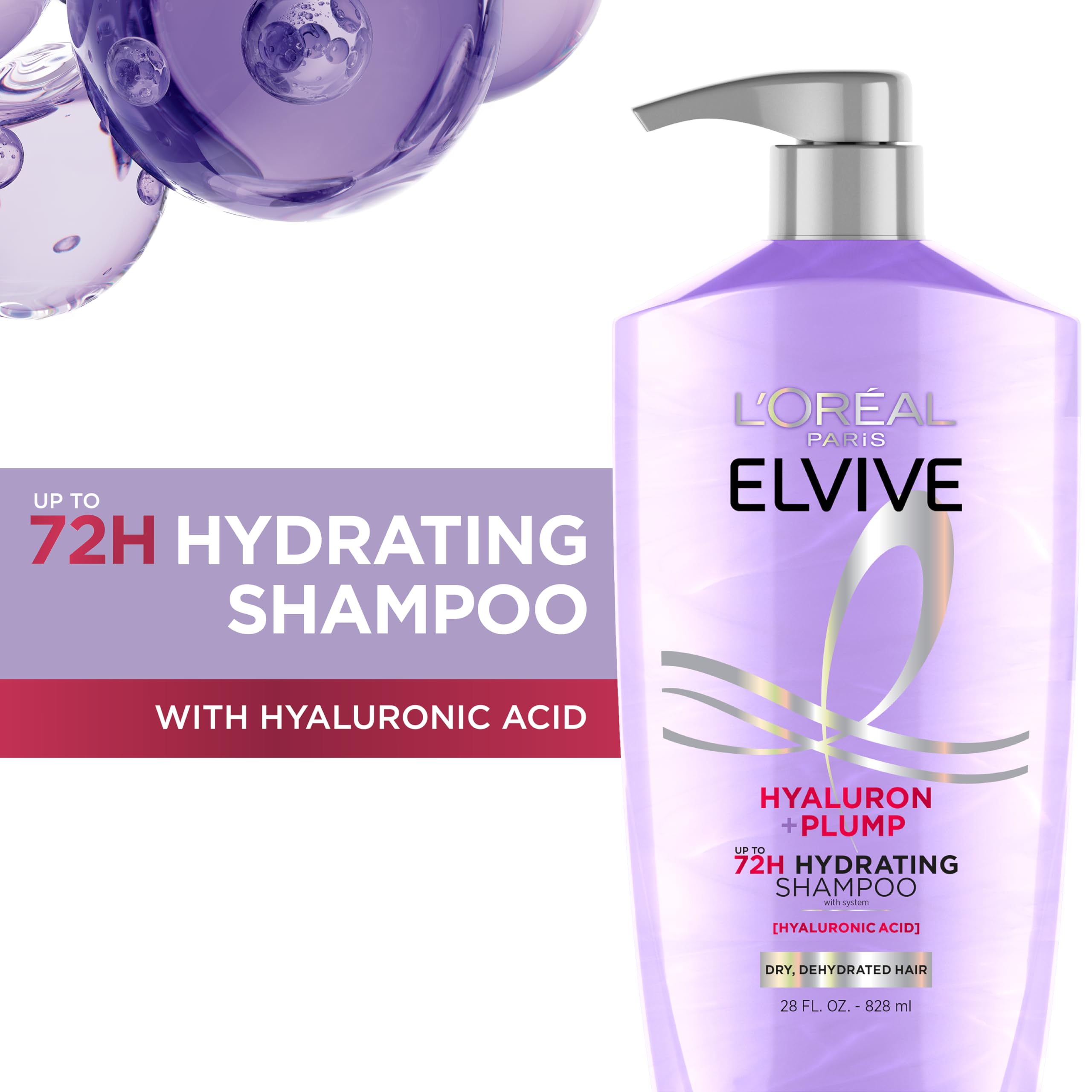 Loral Paris Elvive Hyaluron Plump Hydrating Shampoo For Dehydrated, Dry Hair Infused With Hyaluronic Acid Care Complex, Paraben-