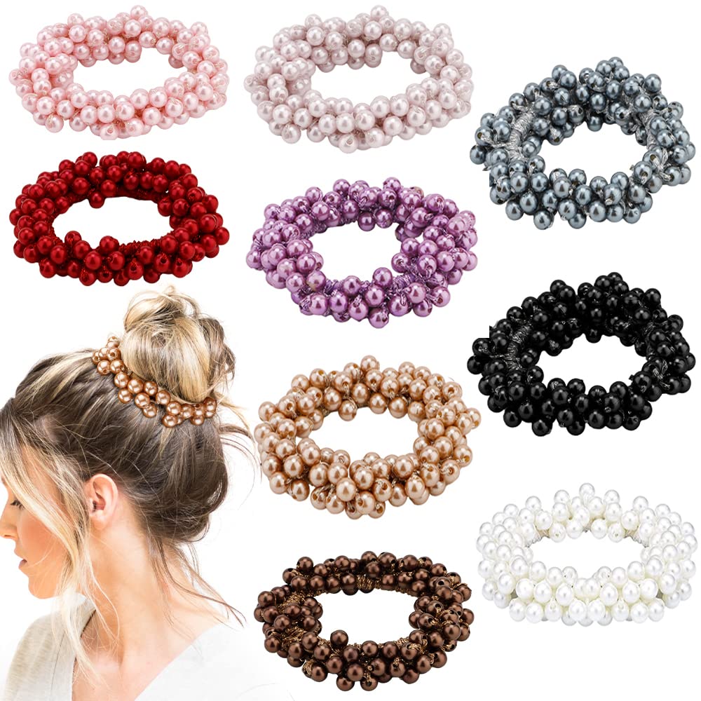 AHONEY 9Pcs Pearl Hair Ties, Crystal Beads Bulk Hair Ropes Stretchy Handmade Boho Hair Accessories for Women Girls, Multi-color 