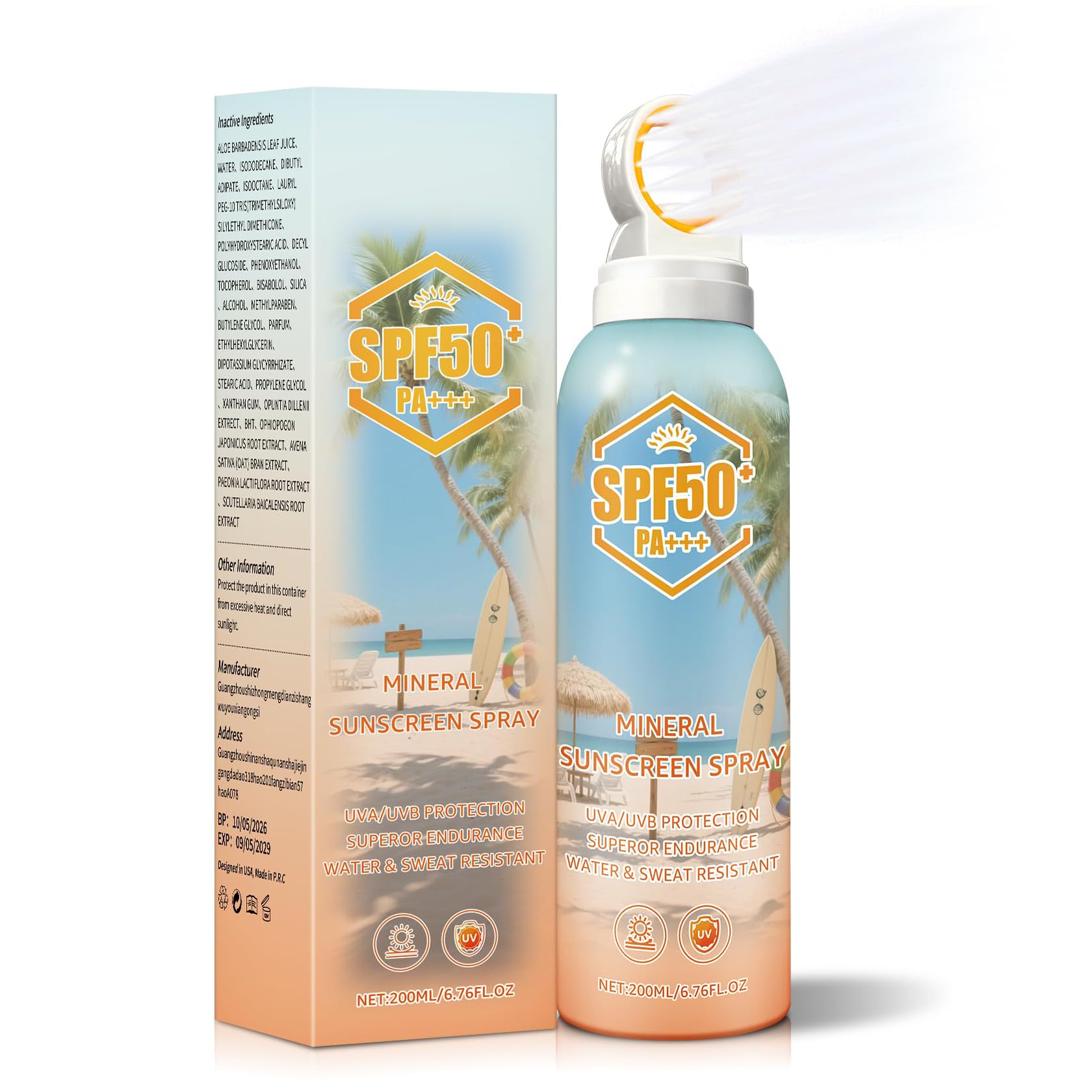 Mineral Sunscreen Spray SPF 50+, Zinc Oxide Broad Spectrum for Face & Body