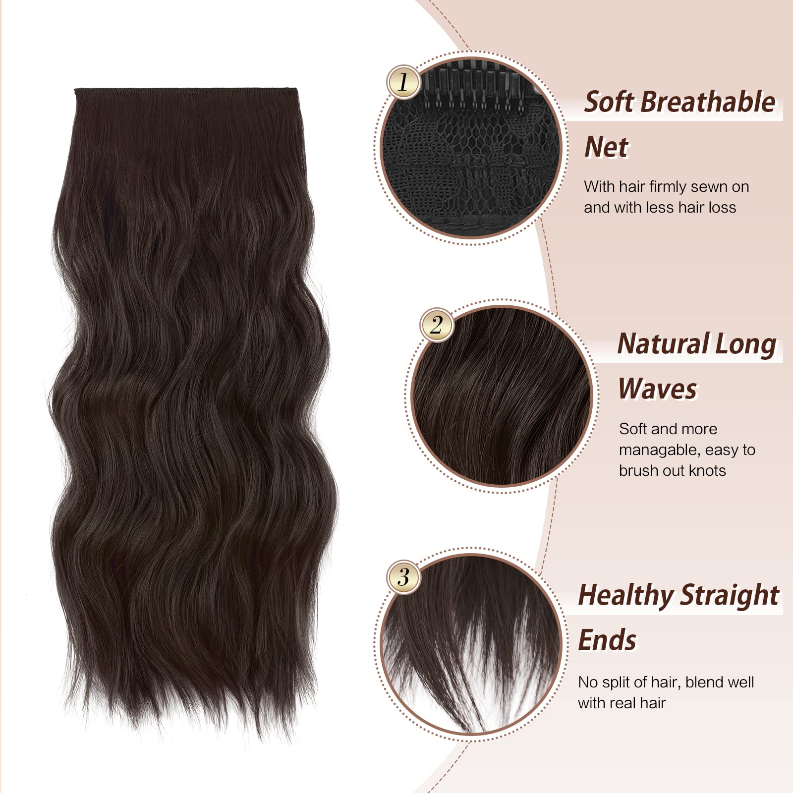 FESHFEN Clip in Hair Extensions - 4 PCS Long Wavy Thick Clip in Hairpieces Full Head Synthetic Hair Extension for Women, Dark Br