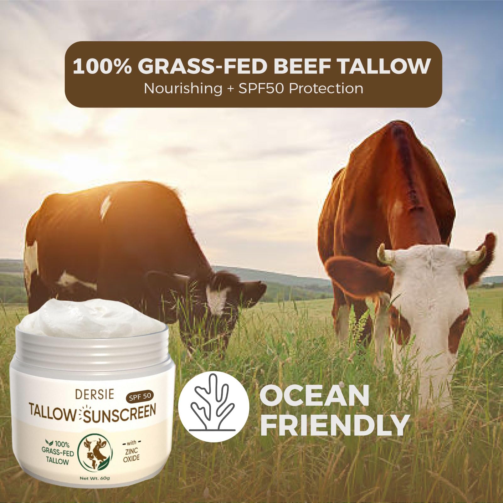 Tallow Sunscreen with Zinc Oxide for Face & Body: SPF 50 Mineral Sunblock with Grass-Fed Tallow - Water-Resistant Non-Toxic Non-
