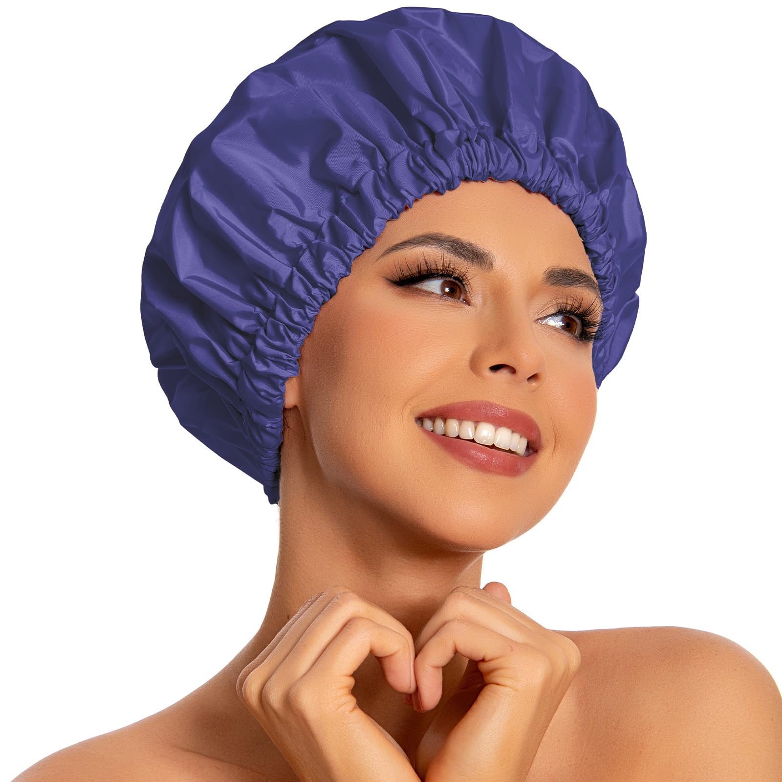 Shower Cap For Women, Reusable Large Waterproof Shower Bonnet Washable Elastic Band Bath Hair Hat For Long Hair, Braids(Dark Blu