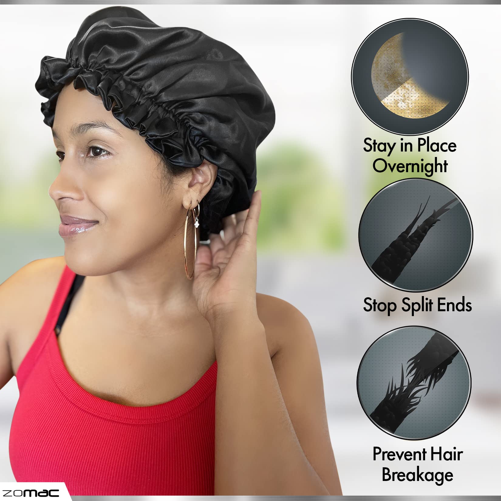 Zomac Satin Bonnet For Sleeping, Bonnet For Curly Hair, Sleeping Bonnets For Women (Black)