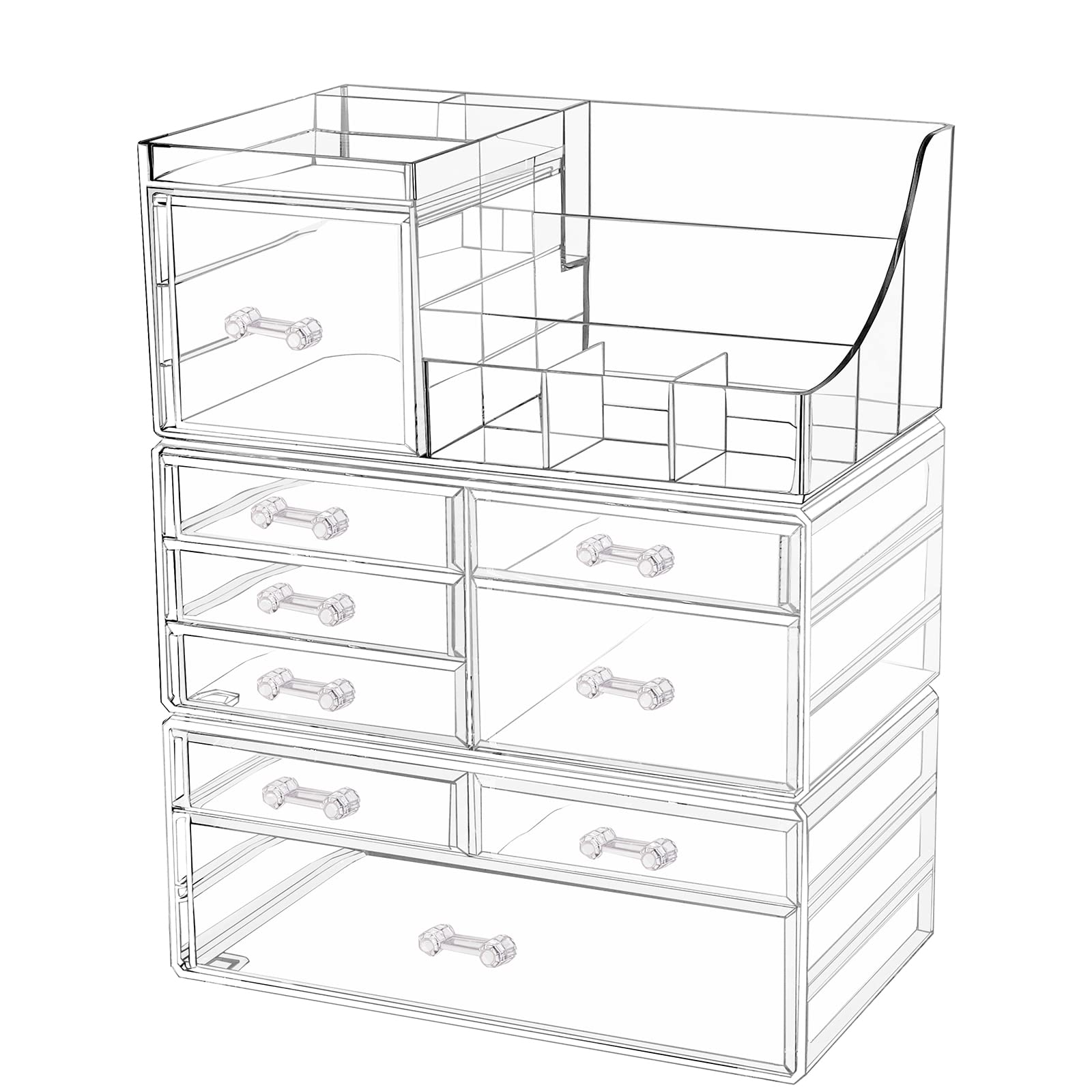 Cq Acrylic 3 Pack Clear Make Up Organizer Countertop,Stackable 9 Drawers Makeup Storage,Cute Vanity Organizers For Dresser Hair