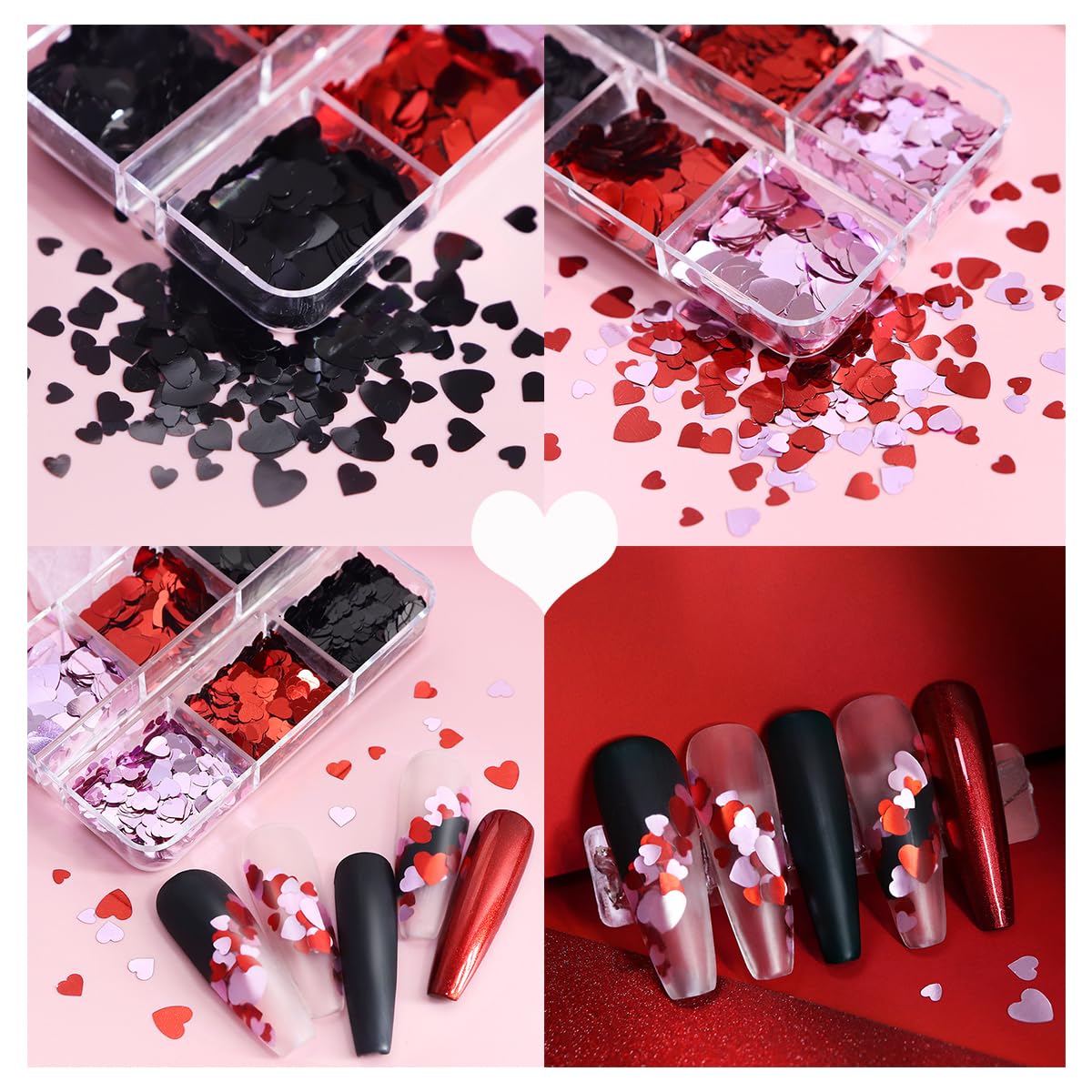 6 Grids Heart Nail Art Glitter Sequins Valentine'S Day Nail Art Glitter Flakes 3D Holographic Love Heart Nail Sequins Heart Conf