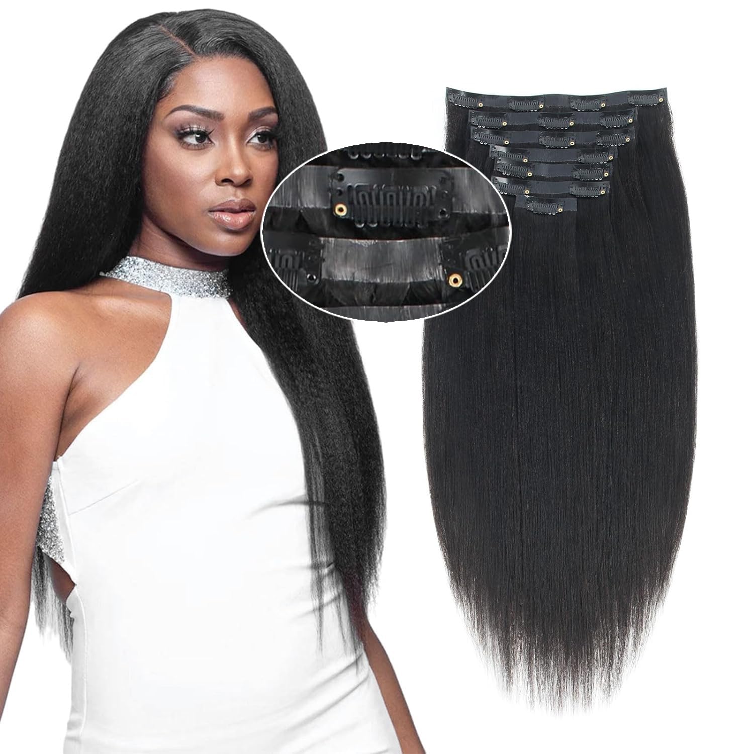 Sasisna Real Human Hair Extensions Clip Ins Yaki Straight 22 Inch Nature Black Seamless Pu Clip In Hair Extensions Double Wefted