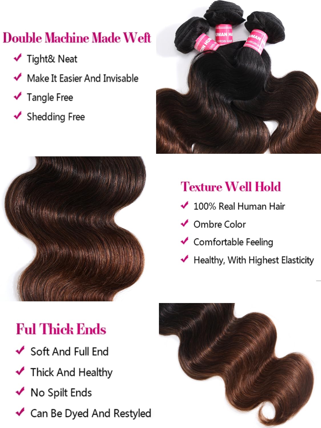 Unice Chestnut Brown Ombre Body Wave Human Hair Weave 3 Bundles 12 14 14 Inch Brazilian Remy Human Hair Wavy Sew In Human Hair E