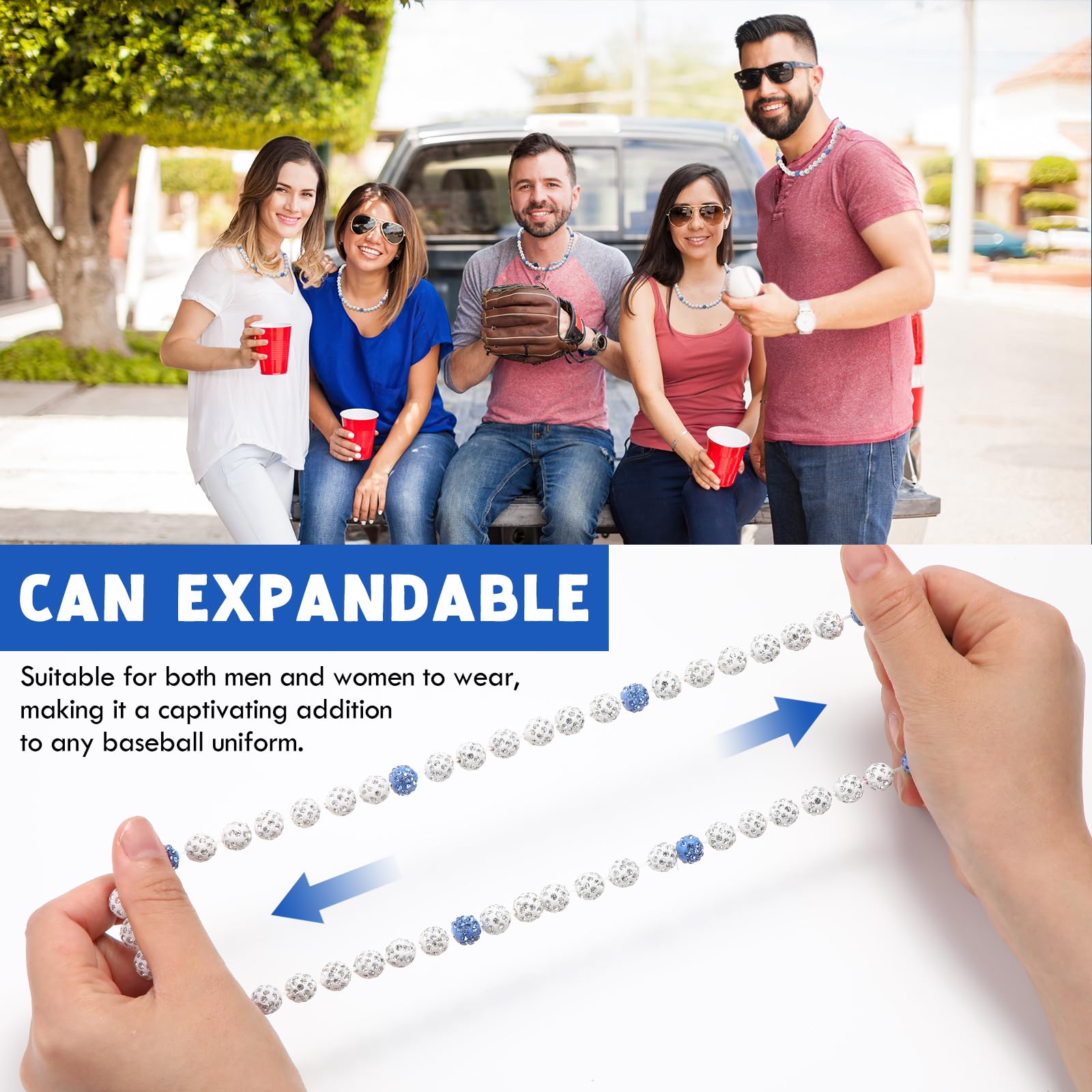 Liliaafar 6 Pcs Baseball Beaded Necklace for Teenager Bling Rhinestone Clay Beaded Necklace Gifts for Sports Team Fans(White, Li