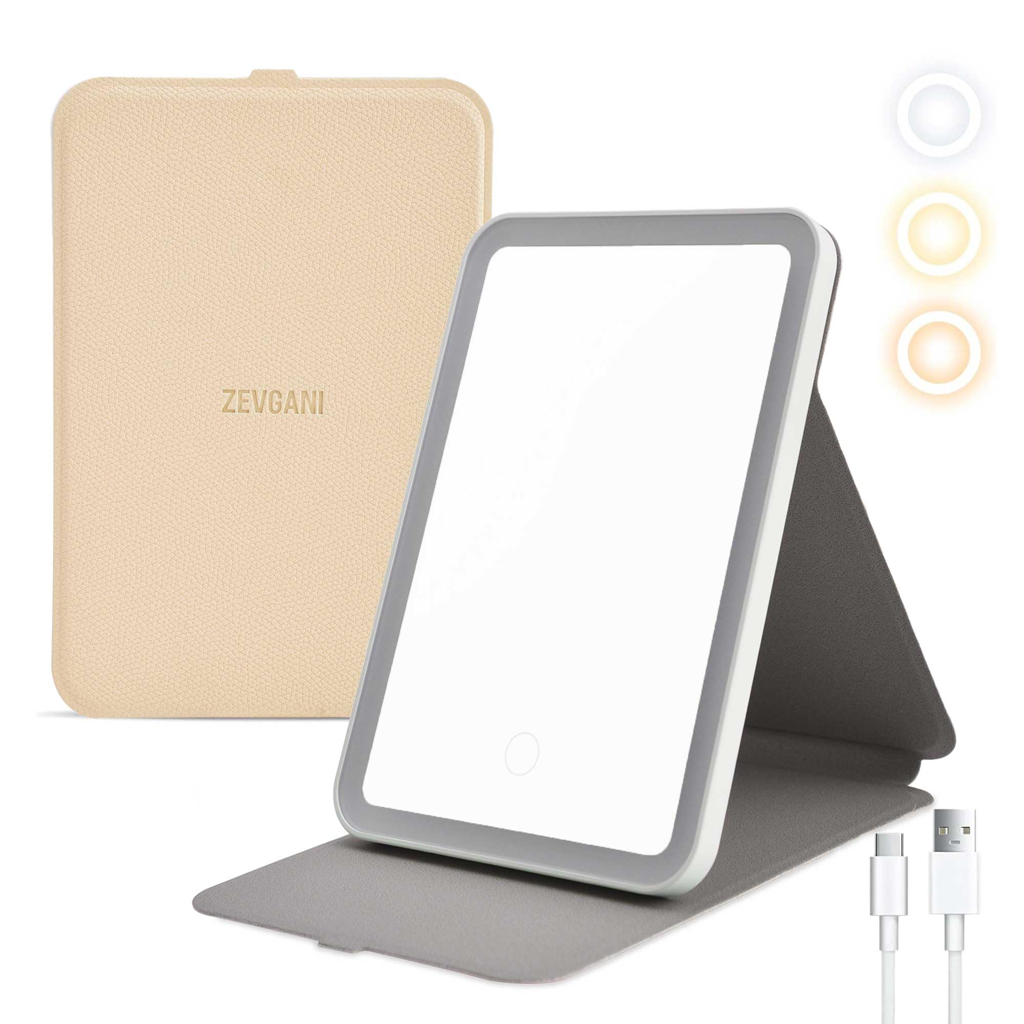 Zevgani Travel Makeup Mirror Portable Led Lighted Mirror With Leather Cover, Touch Screen Vanity Mirror 3 Color Lights Dimmable
