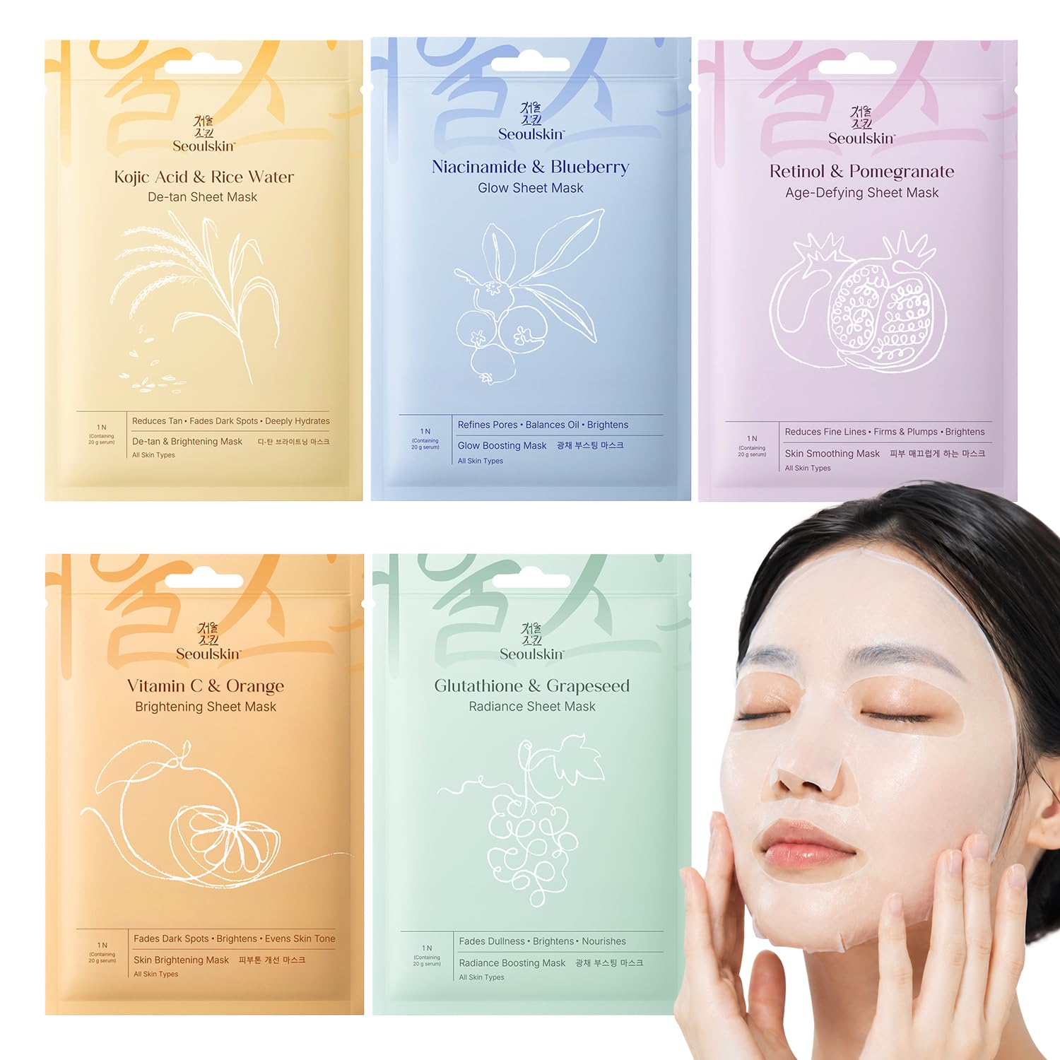 Seoulskin Korean Sheet Mask Combo For Women & Men, Pack Of 5 | Kojic Acid & Rice Water DeTan, Glutathione & Grapeseed Radiance,