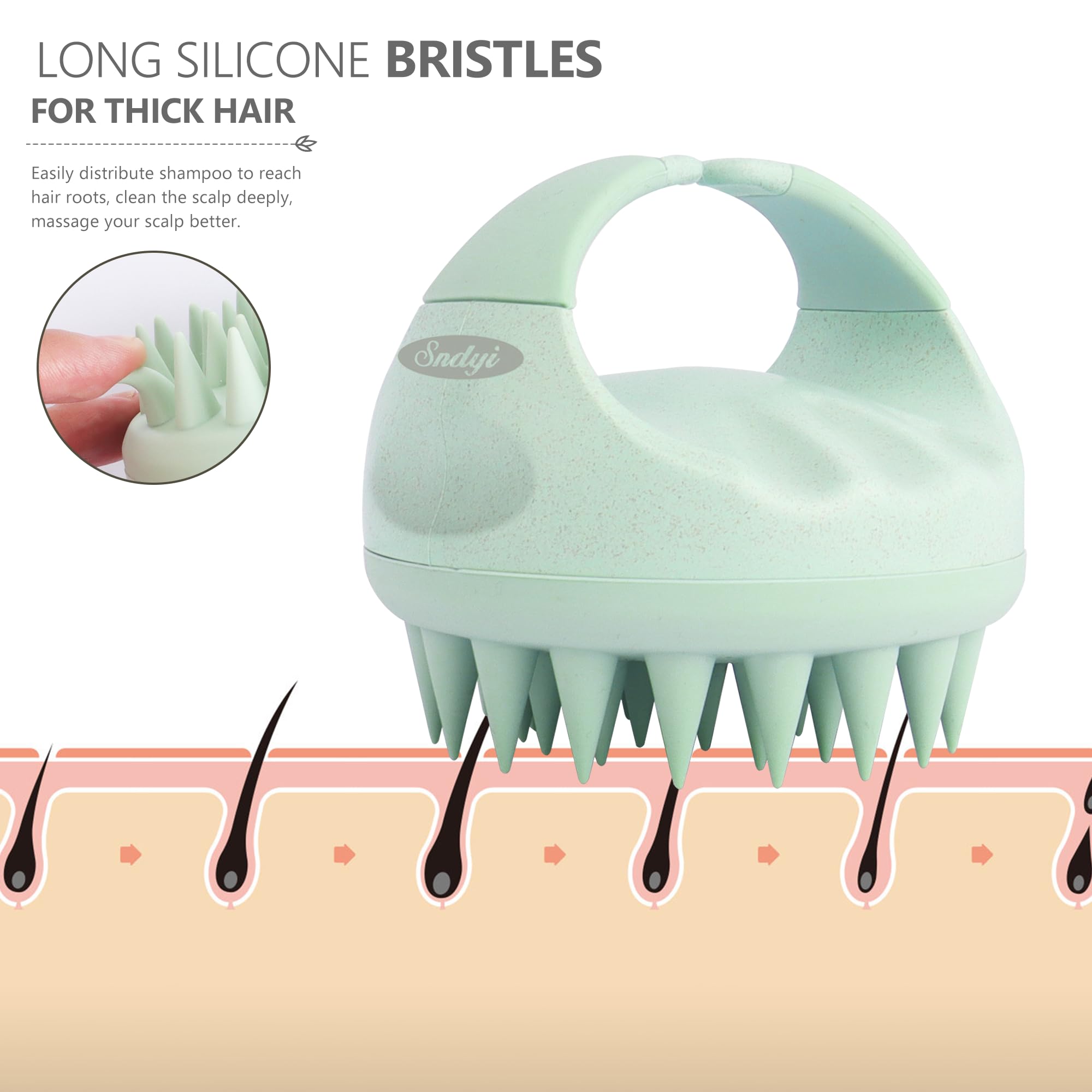 Sndyi Scalp Massager Shampoo Brush - Soft Silicone Bristles, Green, 2 Count for Dandruff Removal & Hair Growth