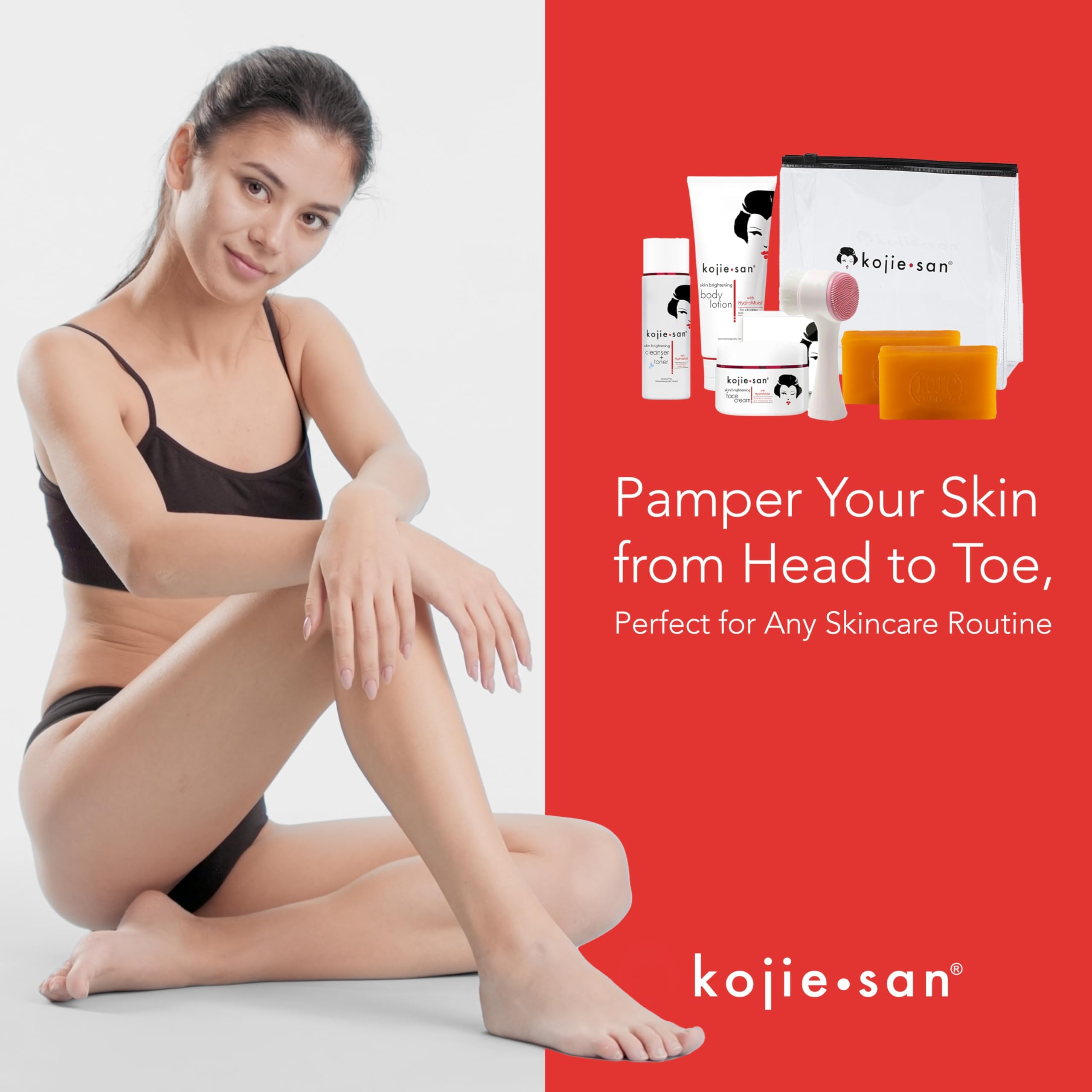 Kojie San Face & Body Complete Brightening Mini Set - 65 Gram X 2 Bars Soap, Body Lotion, Face Cream, And Facial Cleansing Brush