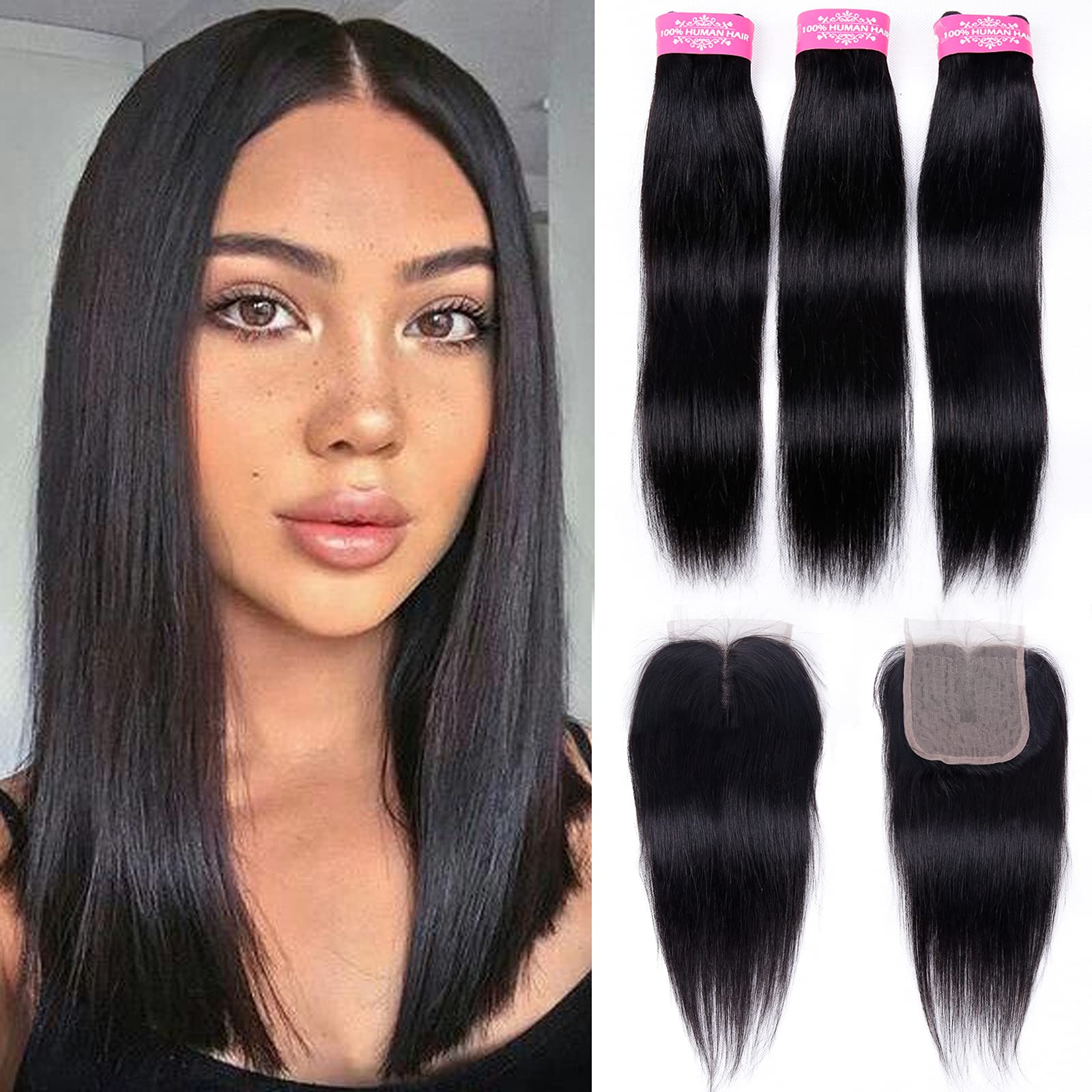 Straight Human Hair Bundles with Closure(12 14 16+10) Brazilian Virgin Human Hair Bundles with Middle Part Closure 10A Straight 