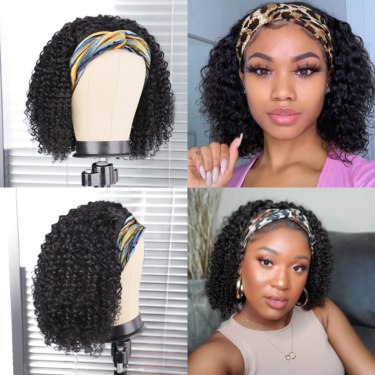 AISI Headband Wig Human Hair Curly Wigs for Black Women Brazilian None Lace Front Wigs 150% Density Natural Black Headband Wigs