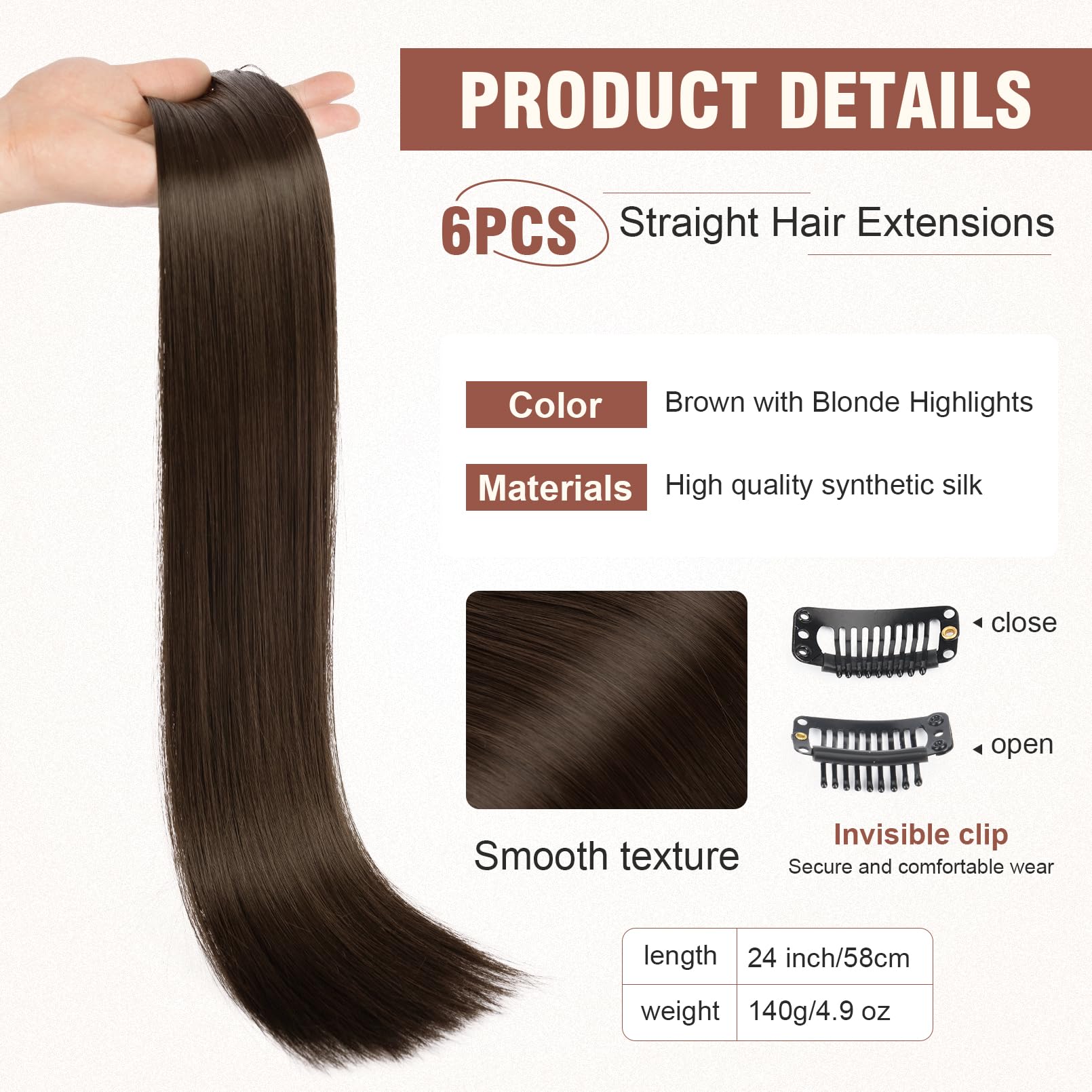 Flufymooz 6Pc Clip In Hair Extensions 24'' Straight Long Extensions For Women Synthetic Hairpiece (Chestnut Brown)