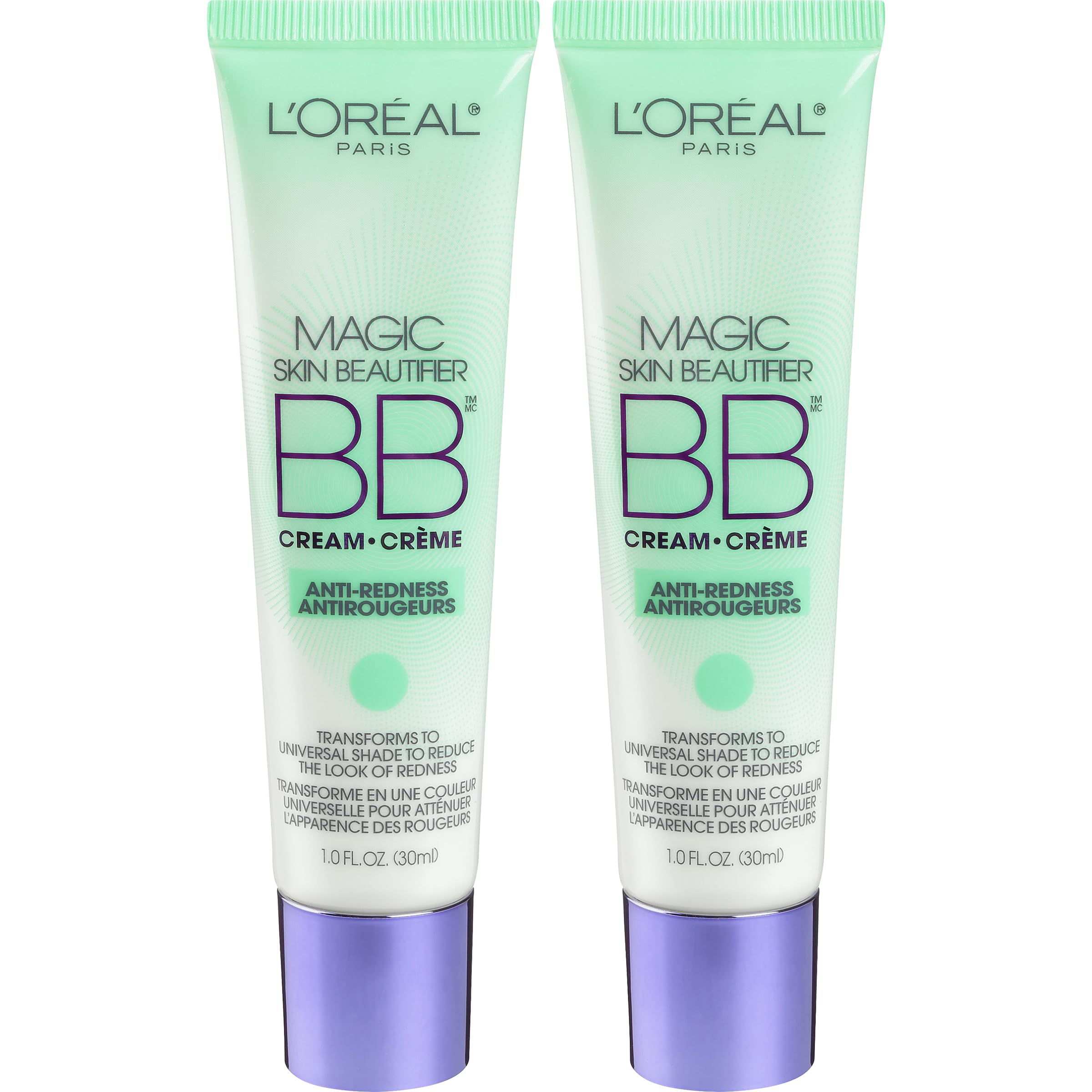 L'Or  al Paris Makeup Magic Skin Beautifier BB Cream Tinted Moisturizer, Anti-Redness, 1 fl oz, 2 Count