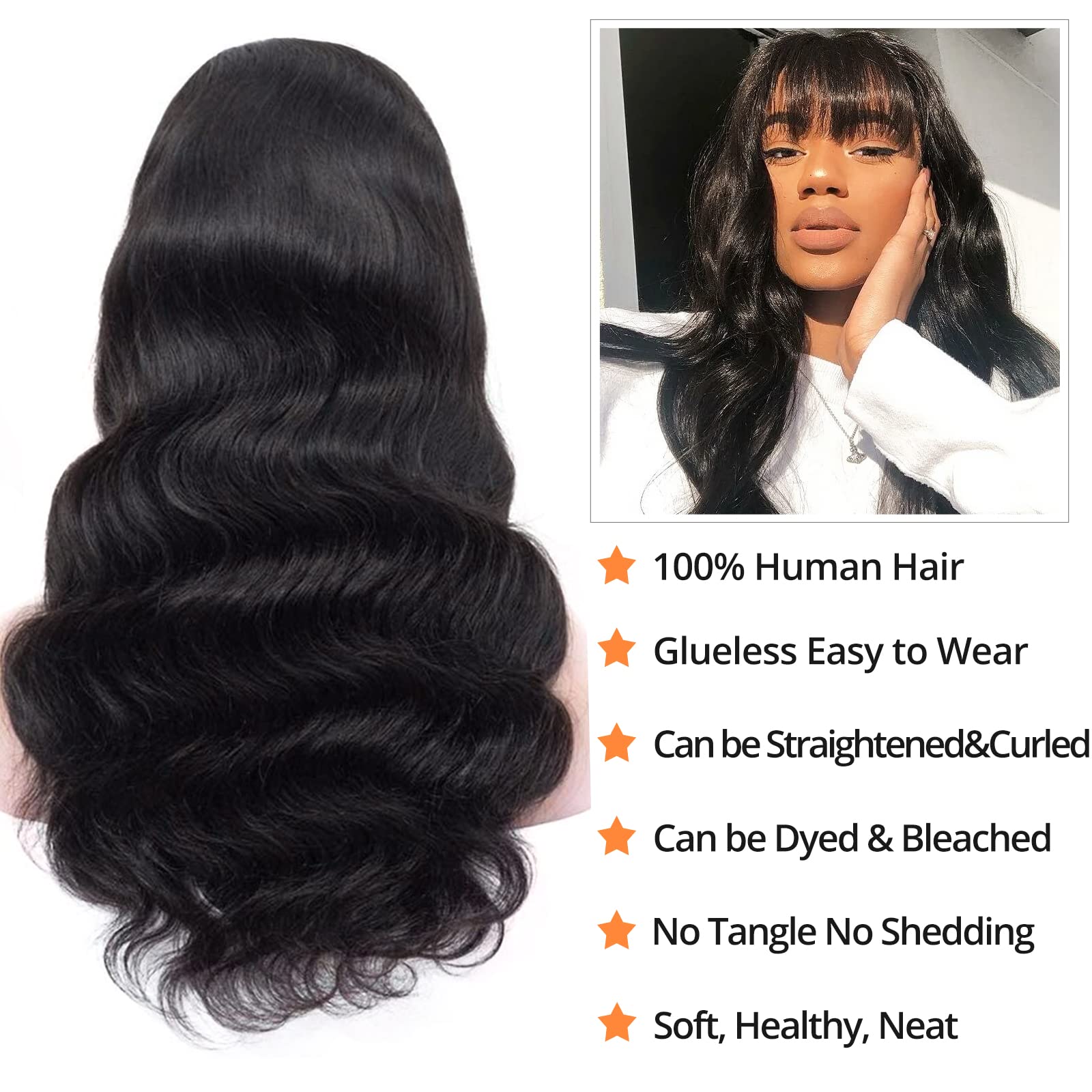 Body Wave Human Hair Wigs with Bangs None Lace Front Wigs 150% Density Brazilian Virgin Hair Glueless Machine Made Wigs for Blac