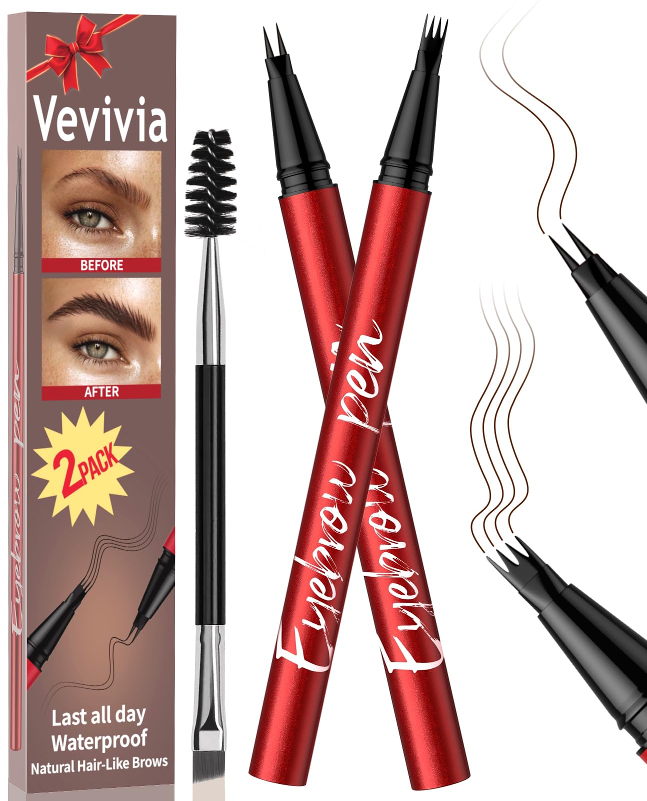 Vevivia 2 Pack Eyebrow Pen for Natural Eyebrows, Dark Brown