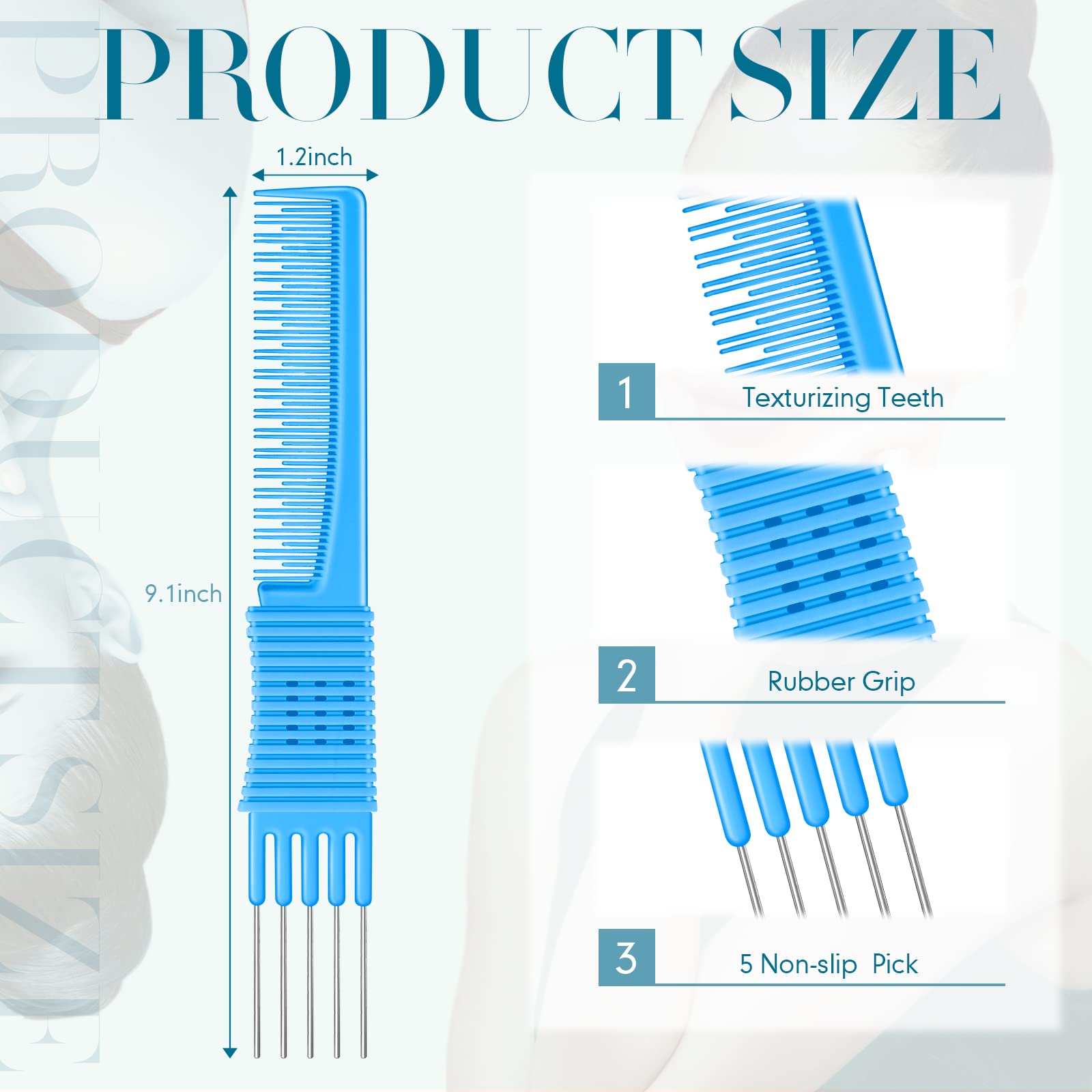Leinuosen 3 Pack Carbon Lift Teasing Combs With Metal Prong, Hair Pick Comb For Women Hair Styling(Blue)