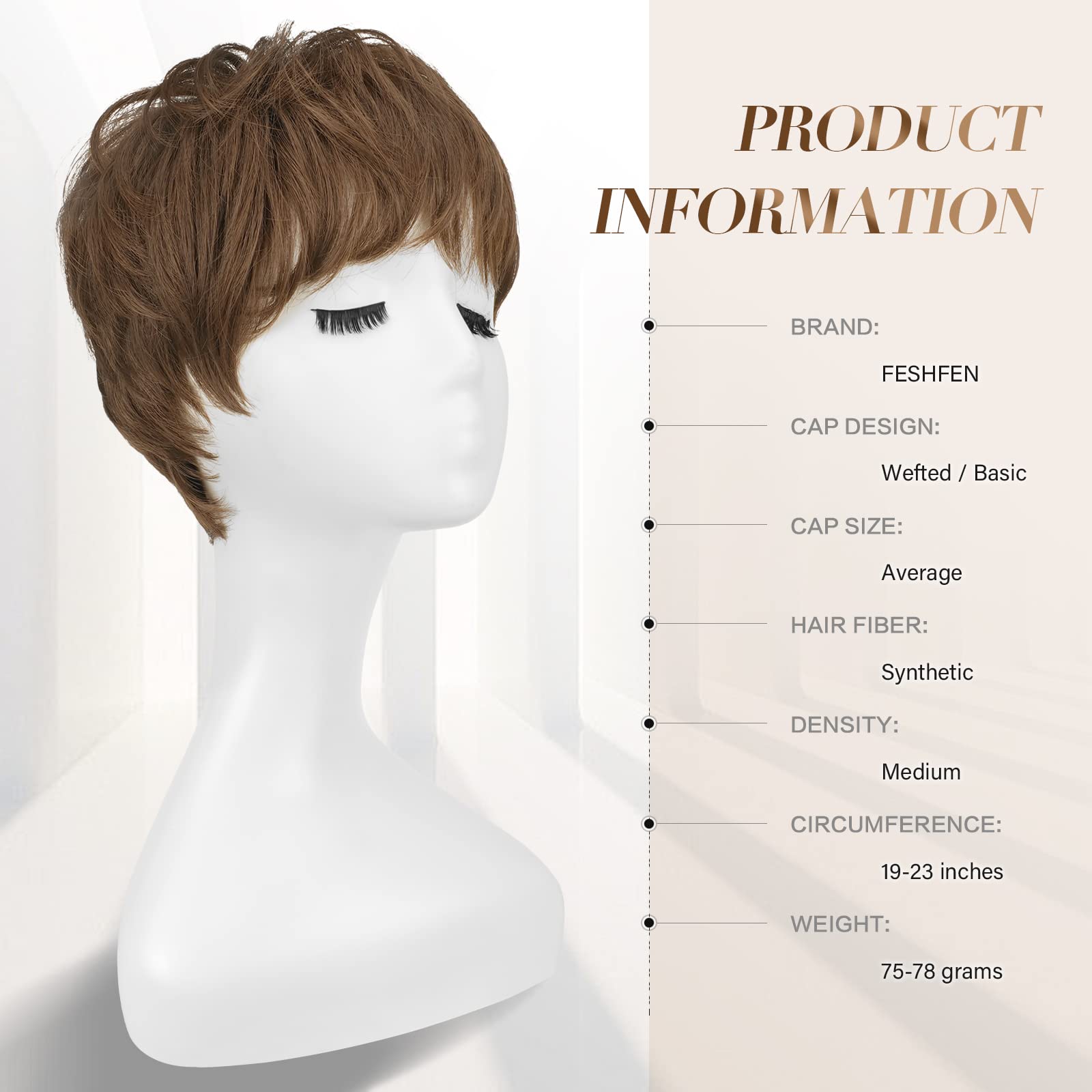Feshfen Short Pixie Cut Wigs Synthetic Coffee Brown Pixie Haircut Wig With Bangs Glueless Layered Wavy Wigs For Women