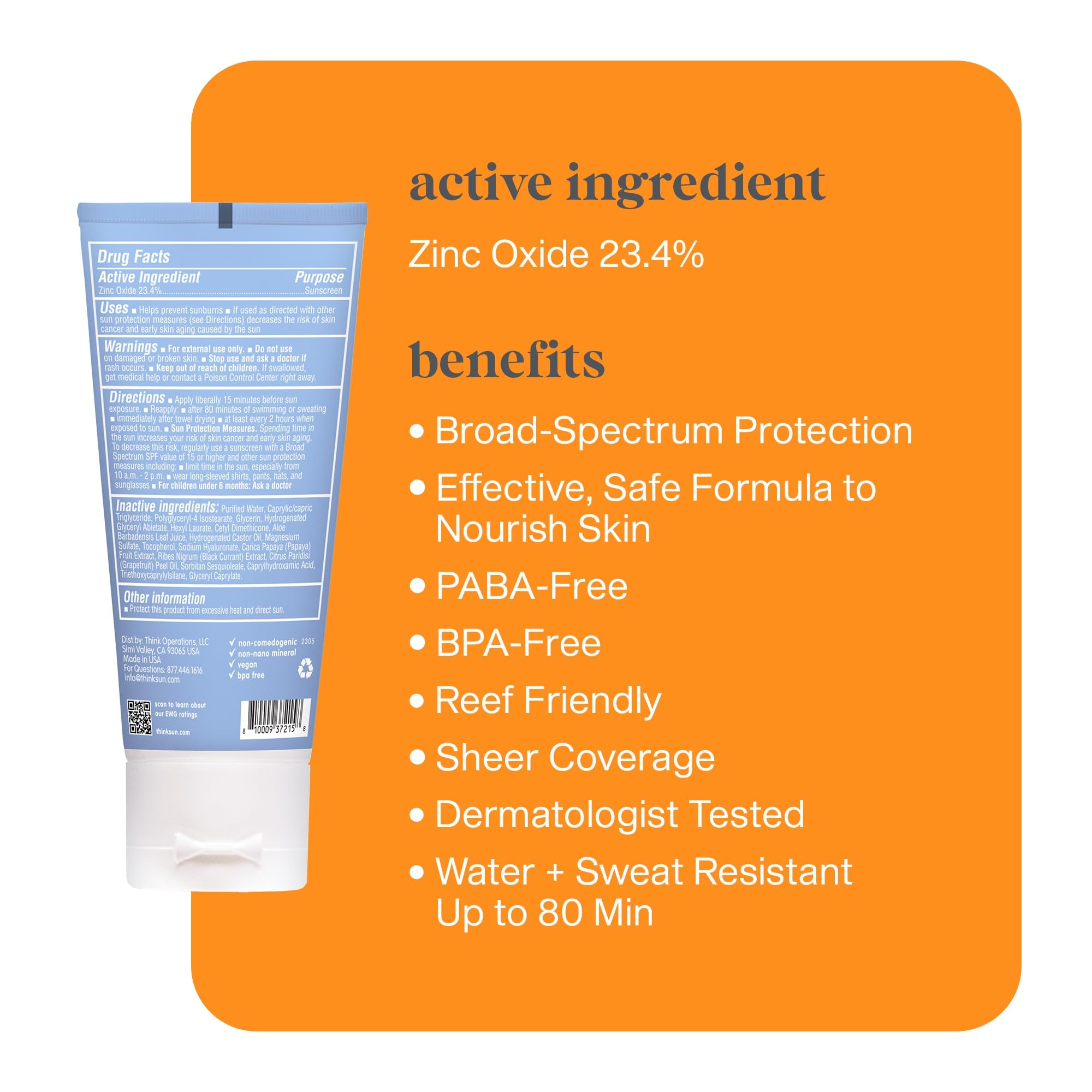 Thinksport Mineral Sunscreen, SPF 50 Clear Zinc Oxide Sunscreen, 2 Fl Oz, Water Resistant, Reef Safe, Broad Spectrum UVA/UVB Sun