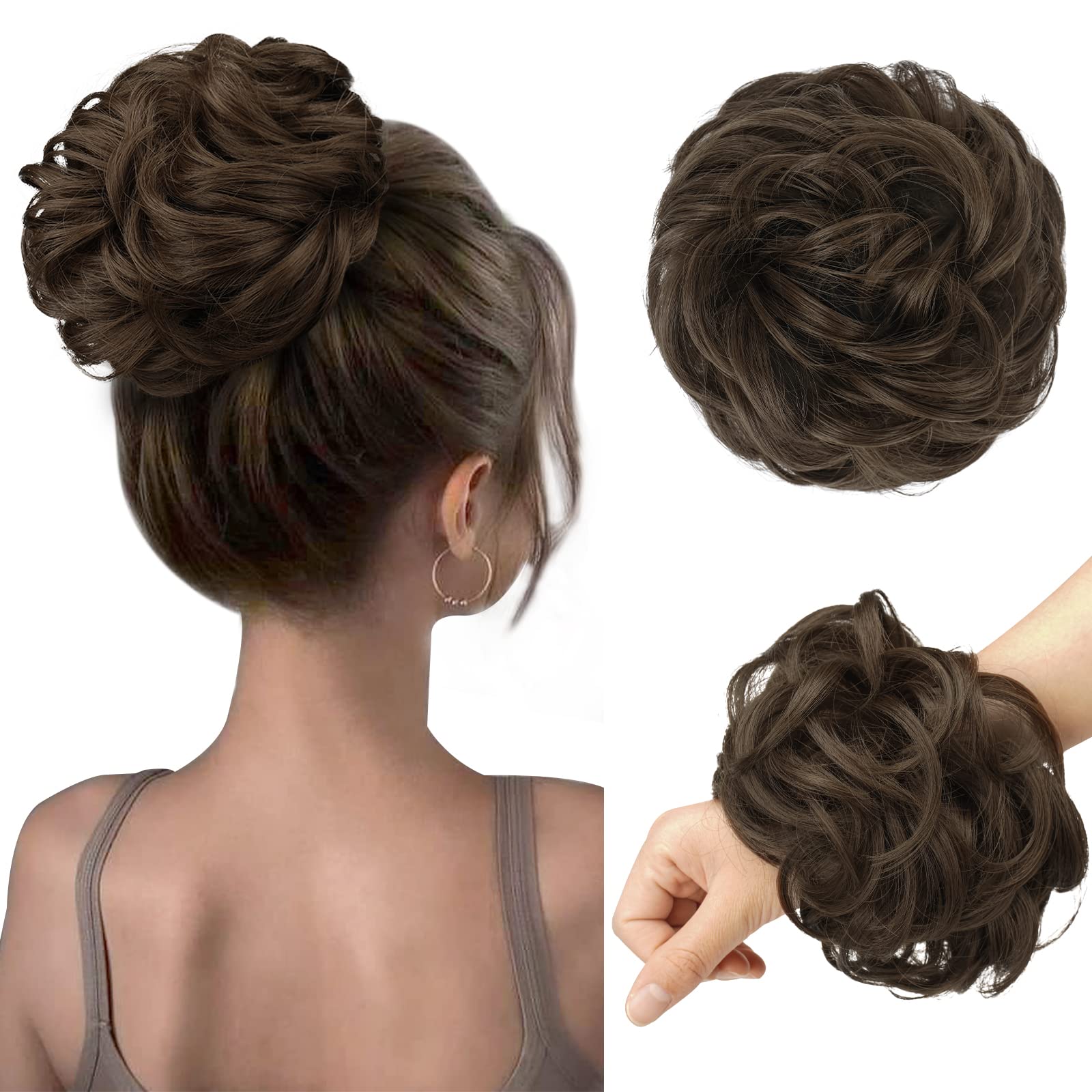 FESHFEN Messy Bun Hair Piece Wavy Curly Large Golden Brown Hair Bun Scrunchies Extensions Synthetic Tousled Updo Hairpieces for 