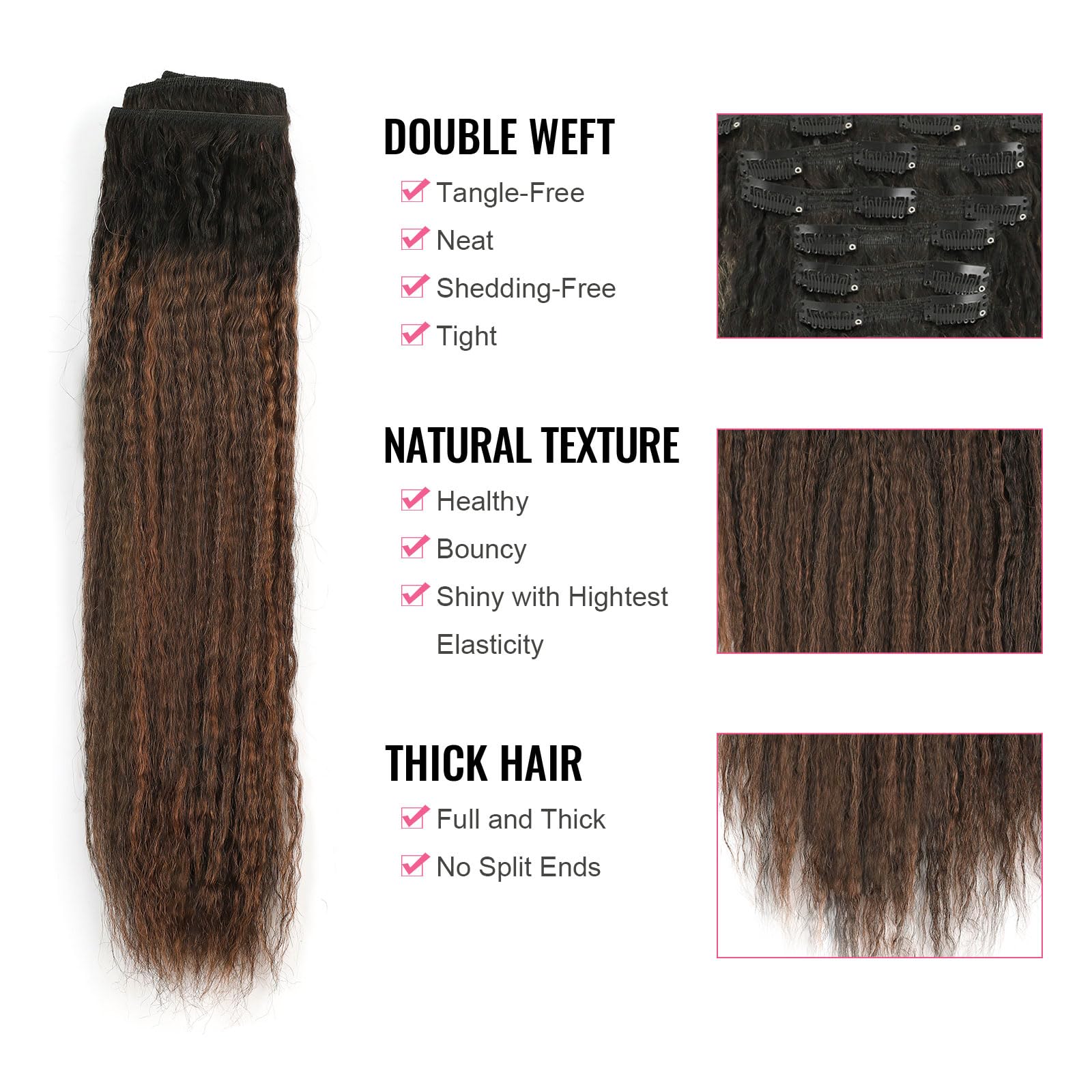 Abh Amazingbeauty Hair Light Kinky Straight Clip Ins Rooted Black Piano Natural Black #1B With Chocolate Brown #4 Kinky Clip Ins