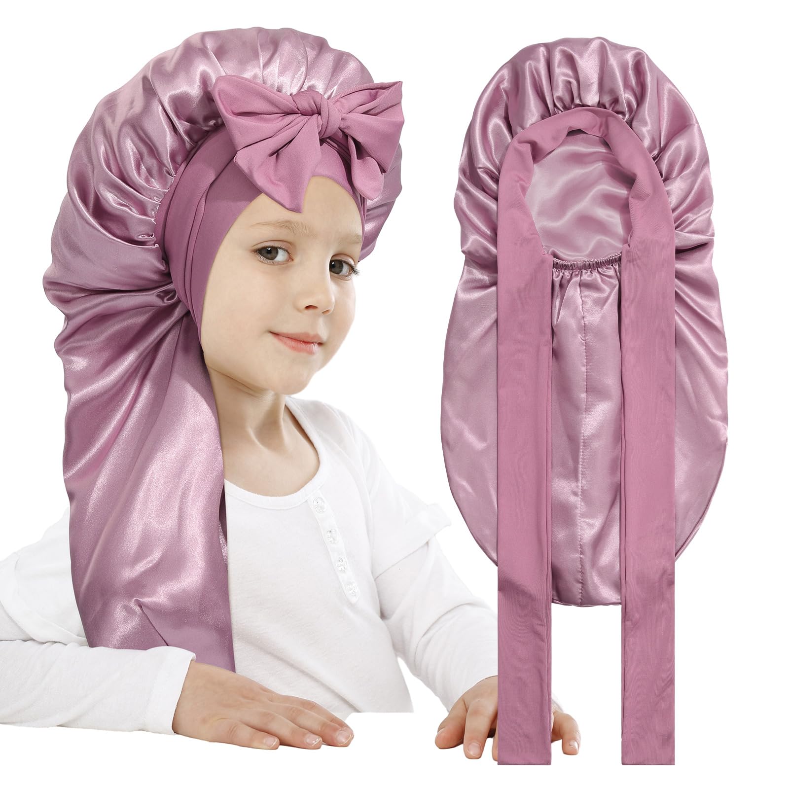 AWAYTR Long Toddler Silk Bonnet for Sleeping Elastic Satin Bonnets for Curly Hair Braid Night Cap for Aged 3-12 Kids (Green)