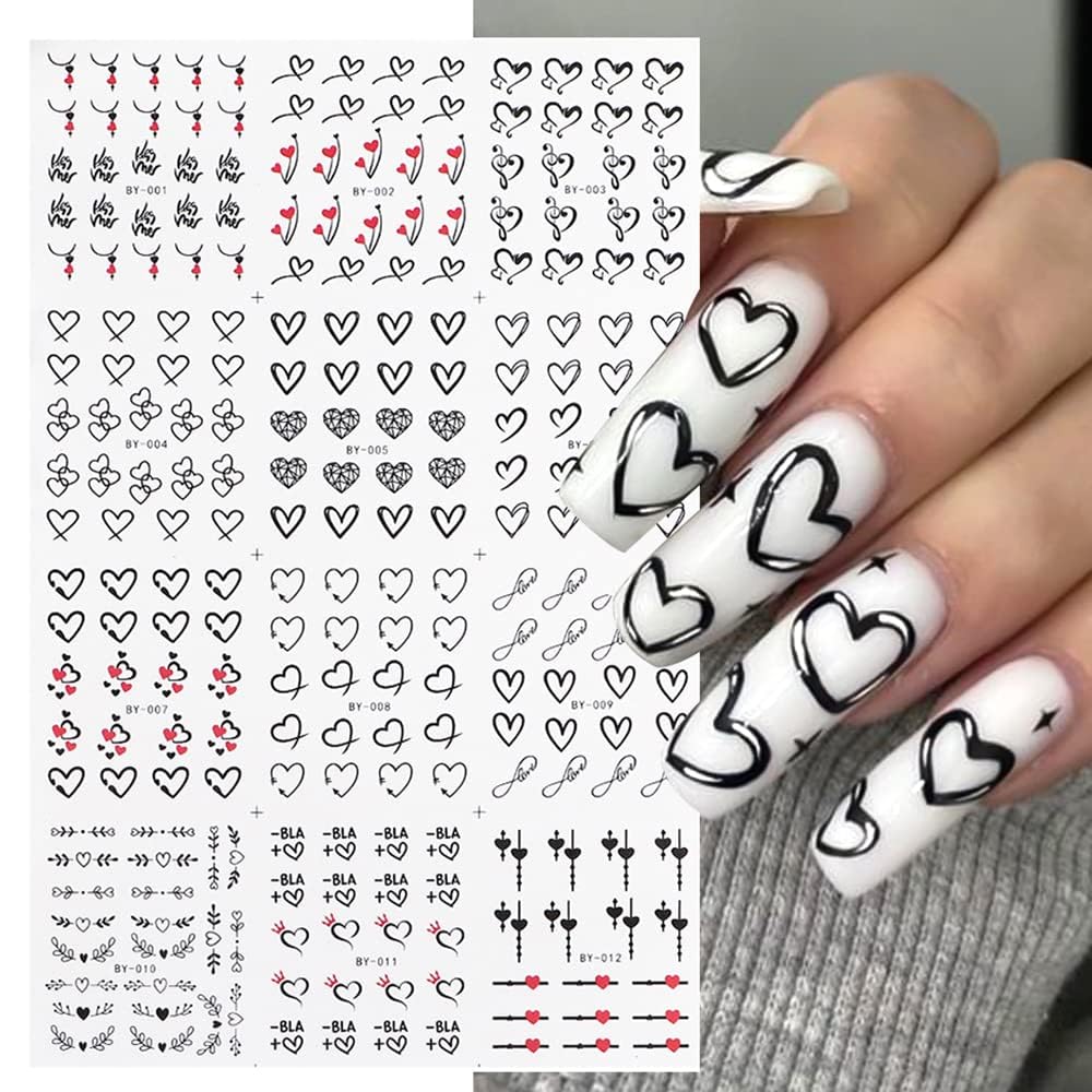 Valentine'S Day Nail Art Stickers Black White Heart Water Transfer Nail Decals Flowers Cupid Hollow Heart Romantic Design Nail A