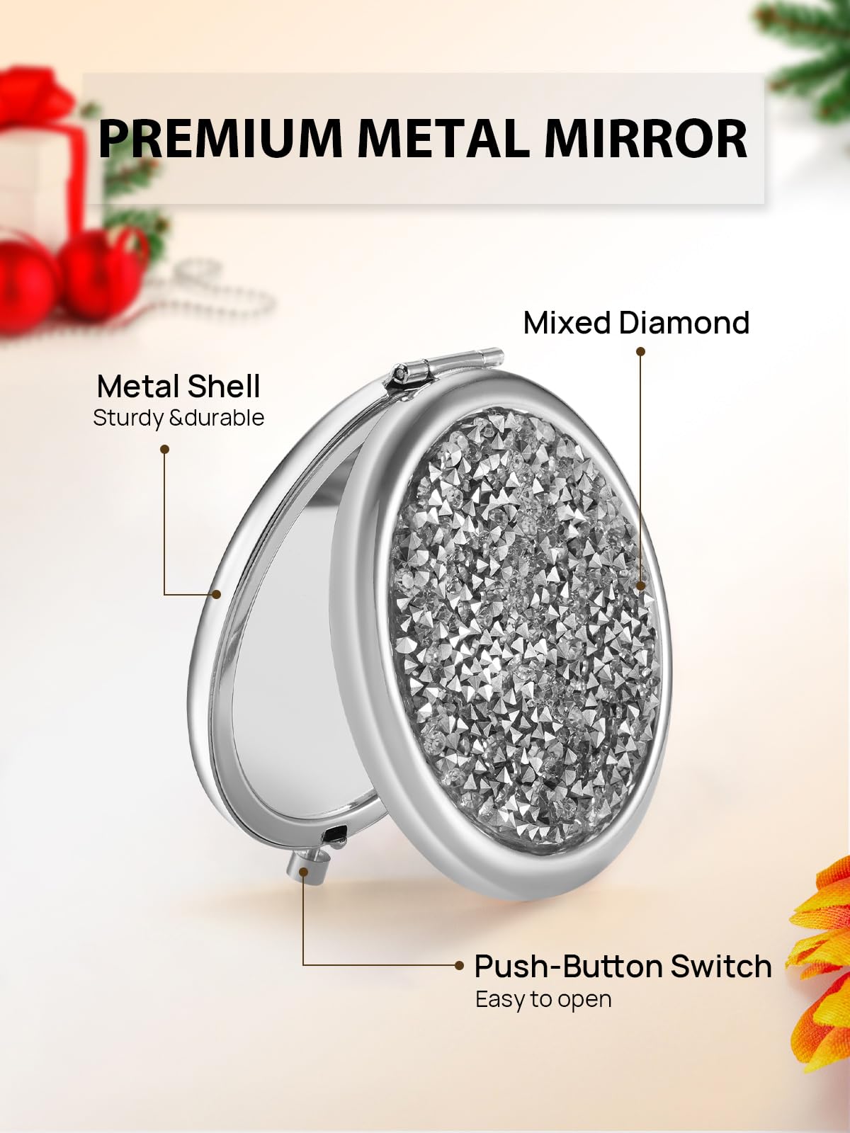 Getinbulk Compact Mirror For Purse, Double-Sided 1X/2X Magnifying Round Metal Pocket Makeup Mirrors(Silver, Mix Diamond)