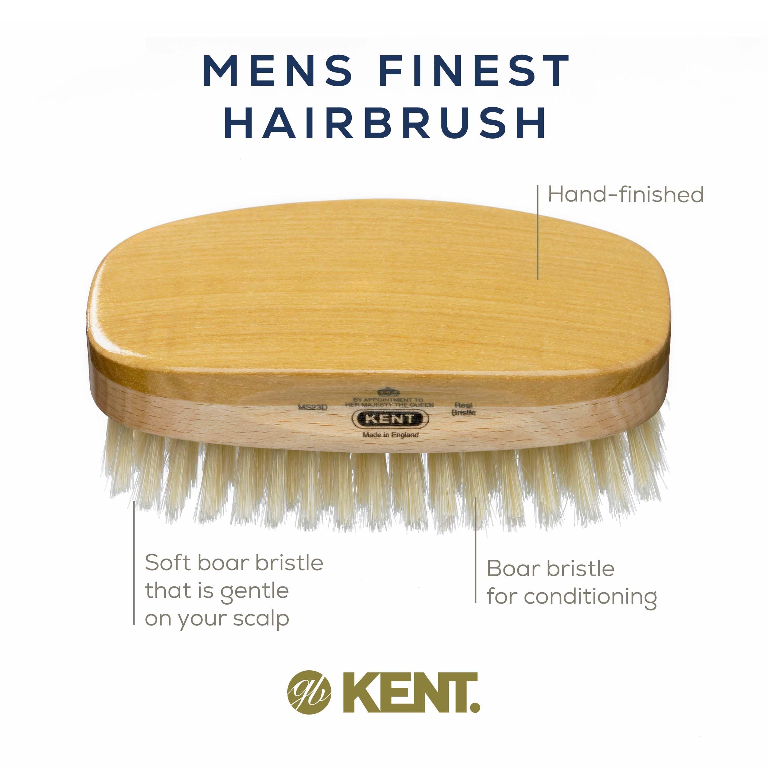 Kent MS23D Finest Men's Military Style Hair Brush - Satin and Beechwood Travel Size Base, Soft Pure White Natural Boar Bristle I