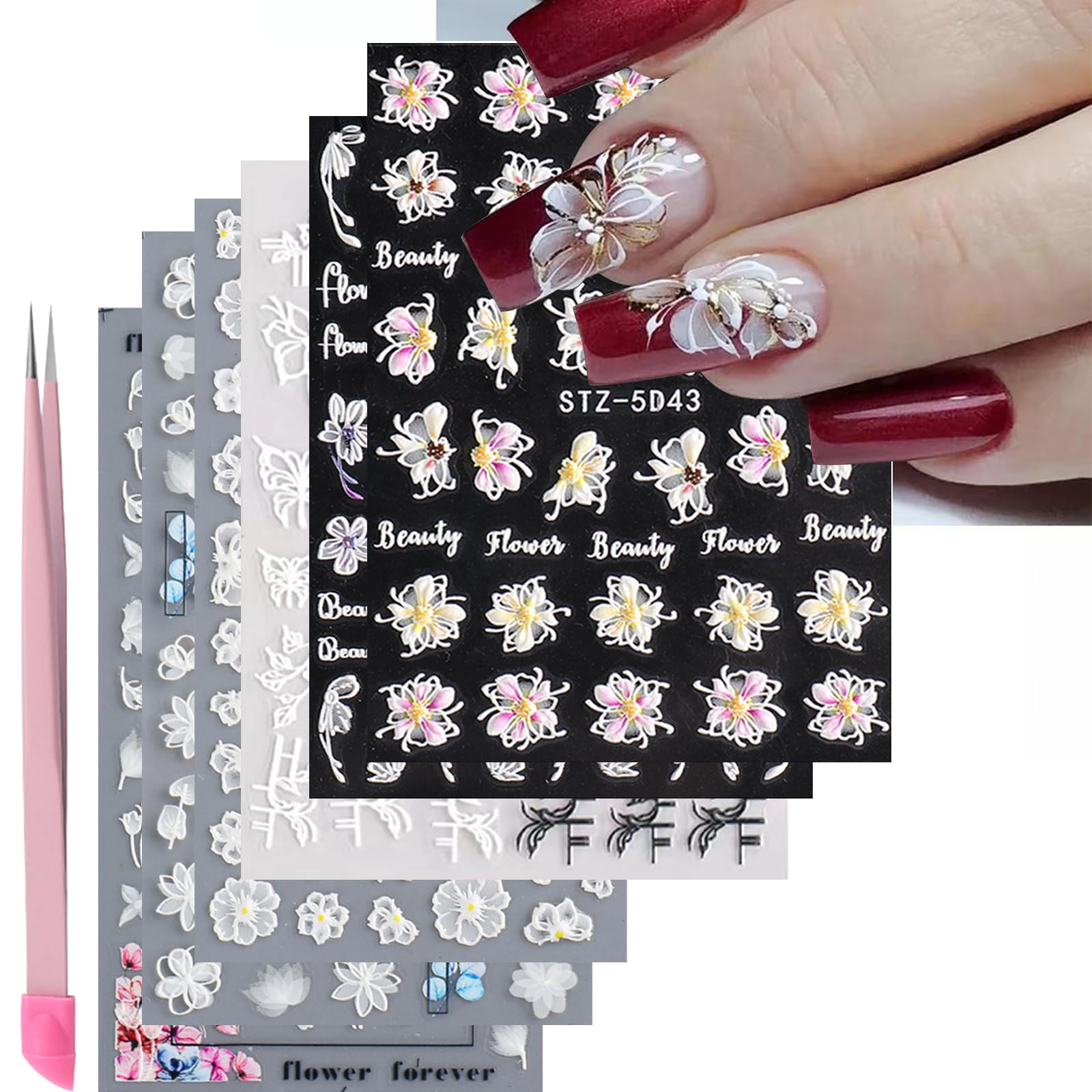 VOTACOS 6 Sheets White Flower Nail Art Stickers Decals 5D Embossed Nail Decals Spring Winter Nail Art Design Self-Adhesive Nail 