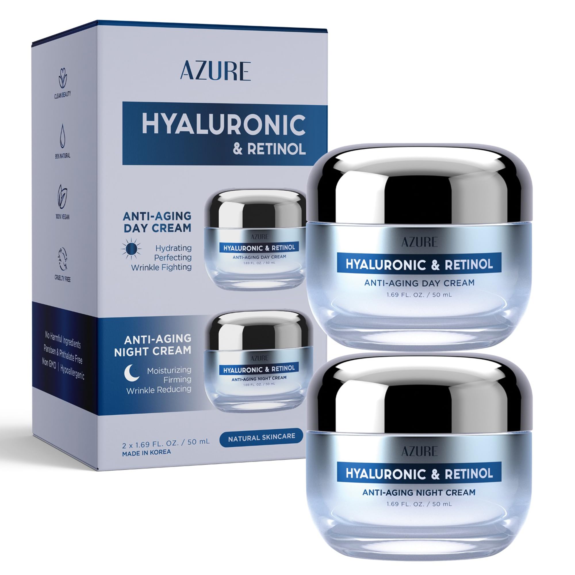 Hyaluronic Acid & Retinol Day/Night Cream Value Set - Rejuvenating, Anti Aging & Hydrating Face Moisturizer - Reduces Wrinkles &