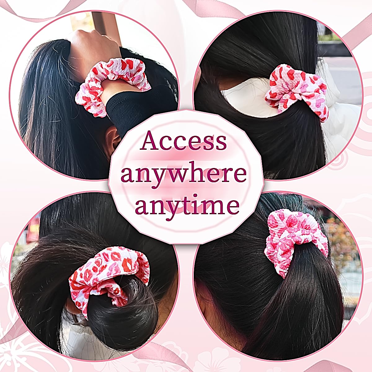 3PCS Valentine Hair Scrunchies with Red Lips and Heart Hair Ties Hair Accessories Decoration Pink Scrunchy Hair Ties Elastic Hai