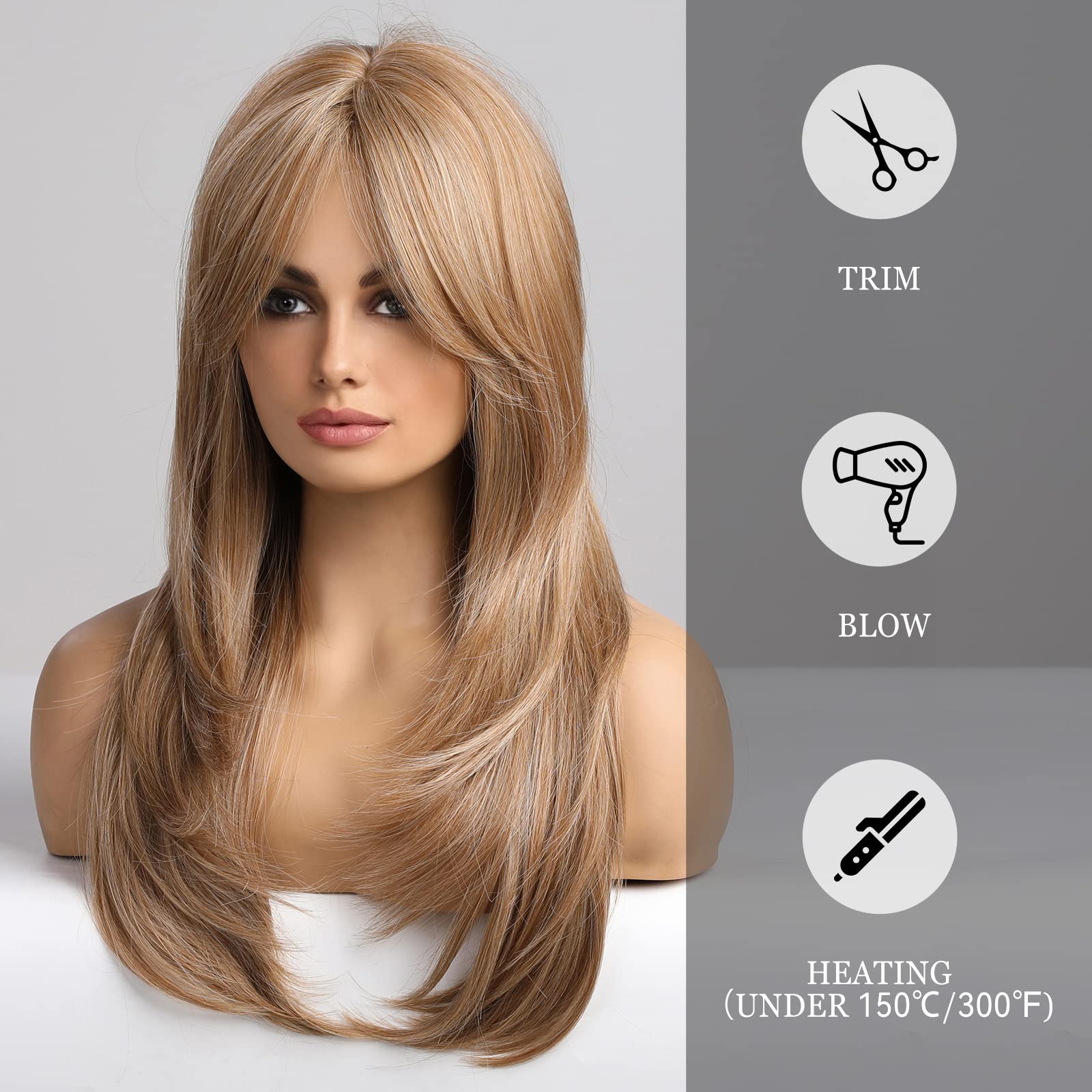 HAIRCUBE Blonde Wigs for Women,Long Layered Wigs with Bangs Heat Resistant Synthetic Fibre Wigs(pelucas de cabello natural)