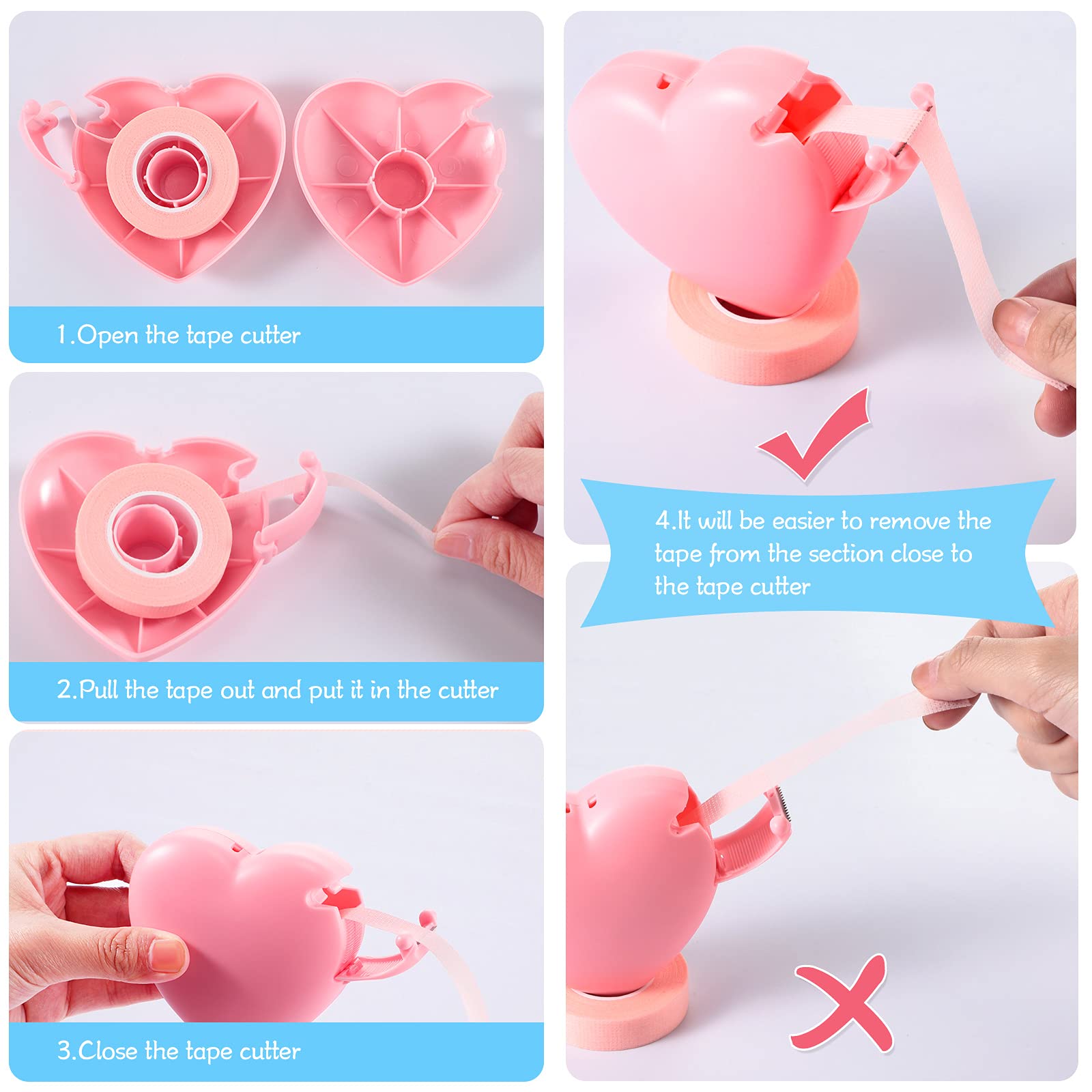 Eyelash Extension Tape Breathable Adhesive Lash Tape Non-Woven Fabric Lash Tape With Heart-Shaped Tape Dispenser Cutter, 0.5 Inc